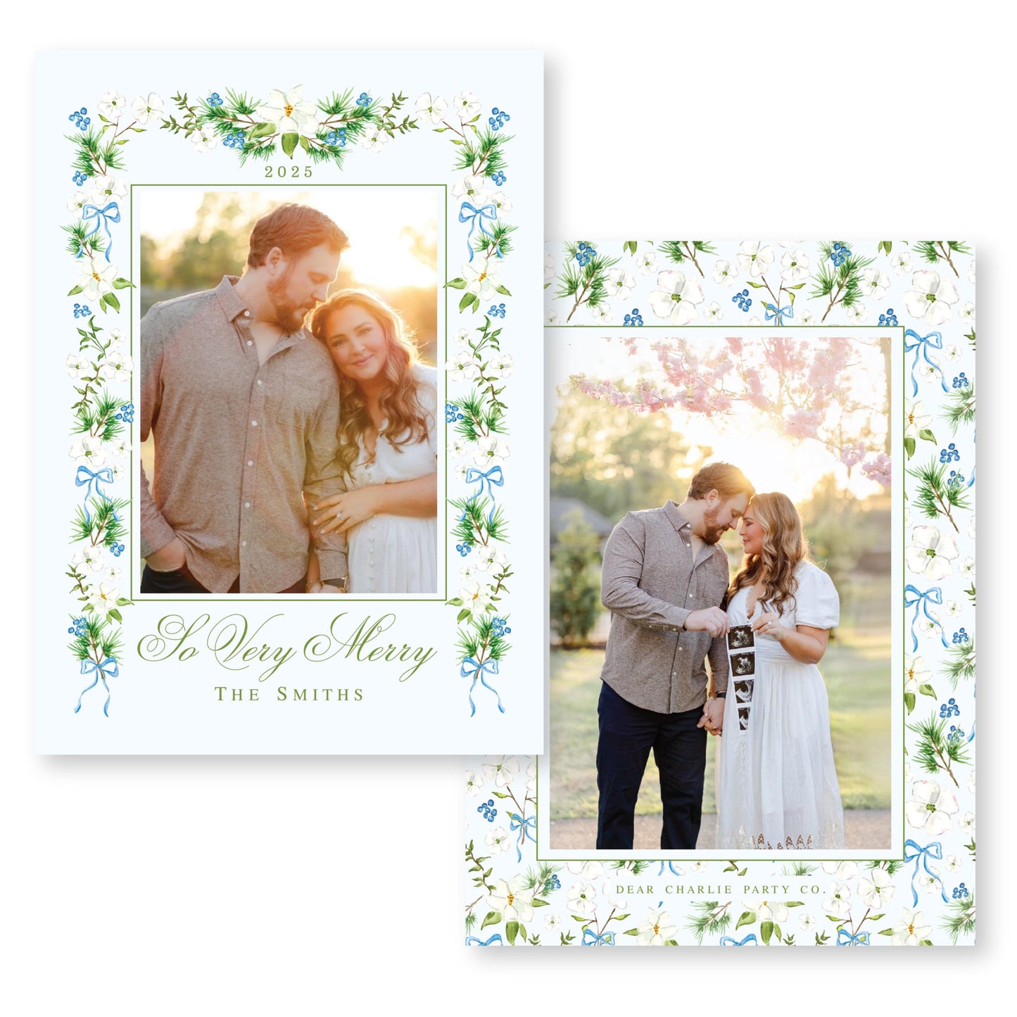 Merry Magnolias in Blue | 5x7 Holiday Photo Card with Envelope