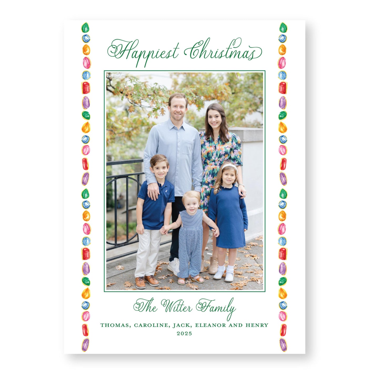 PRINTED Exclusive Art Holiday Card | Christmas Jewels Border | 5x7 Holiday Photo Card with Envelope