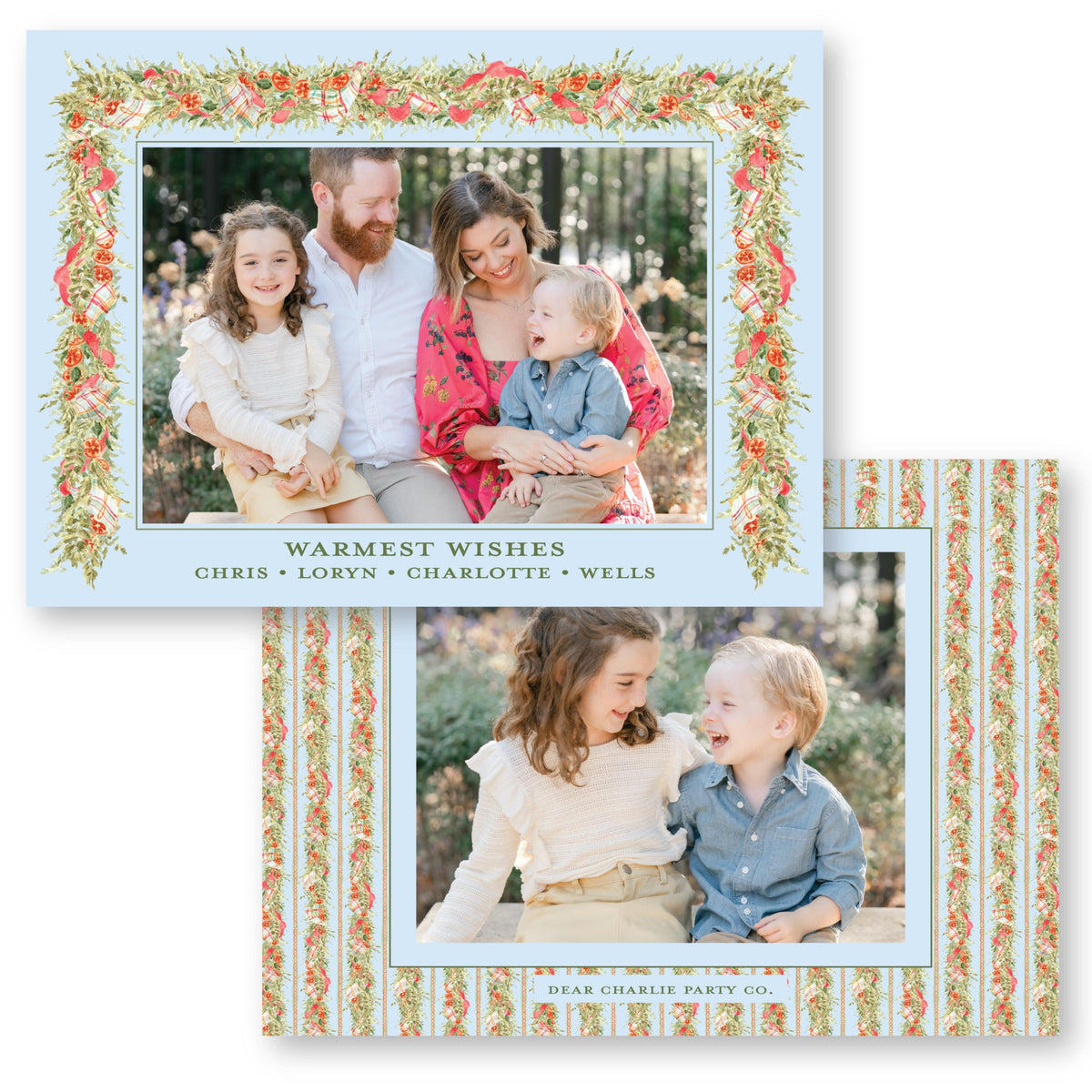Pomander and Plaid Garland in Blue Horizontal | Holiday Photo Card
