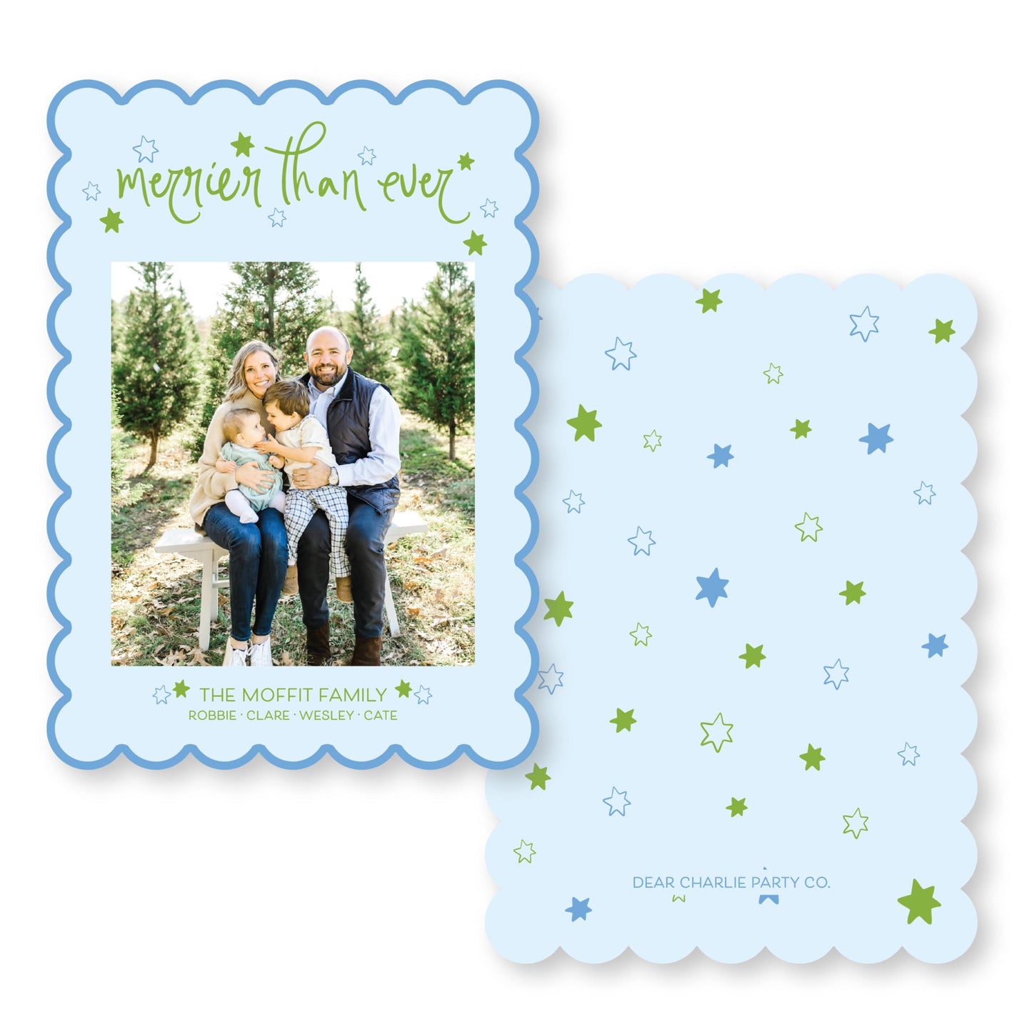 Starry Night Scallop Card in Bright Blue and Green | 5x7 Holiday Photo Card with Envelope