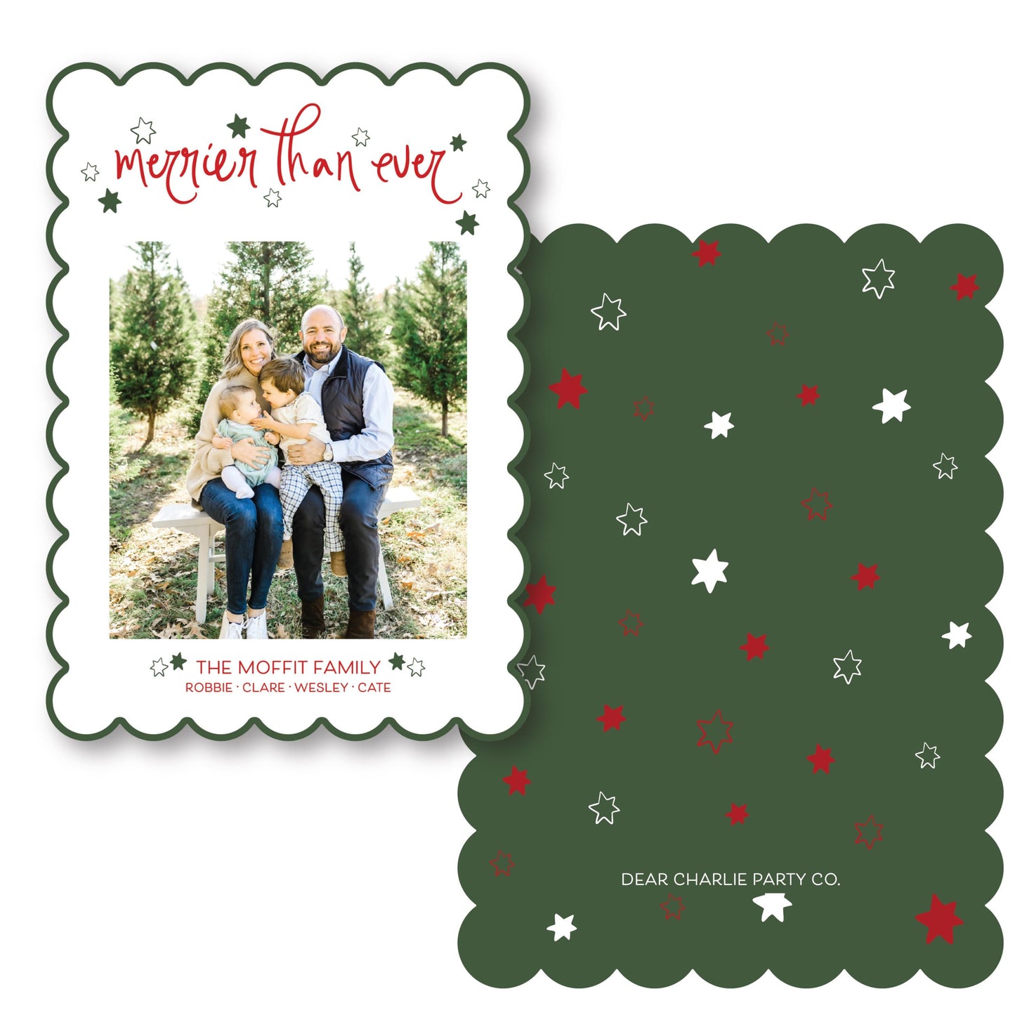 Starry Night Scallop Card in Traditional Christmas Colors | 5x7 Holiday Photo Card with Envelope