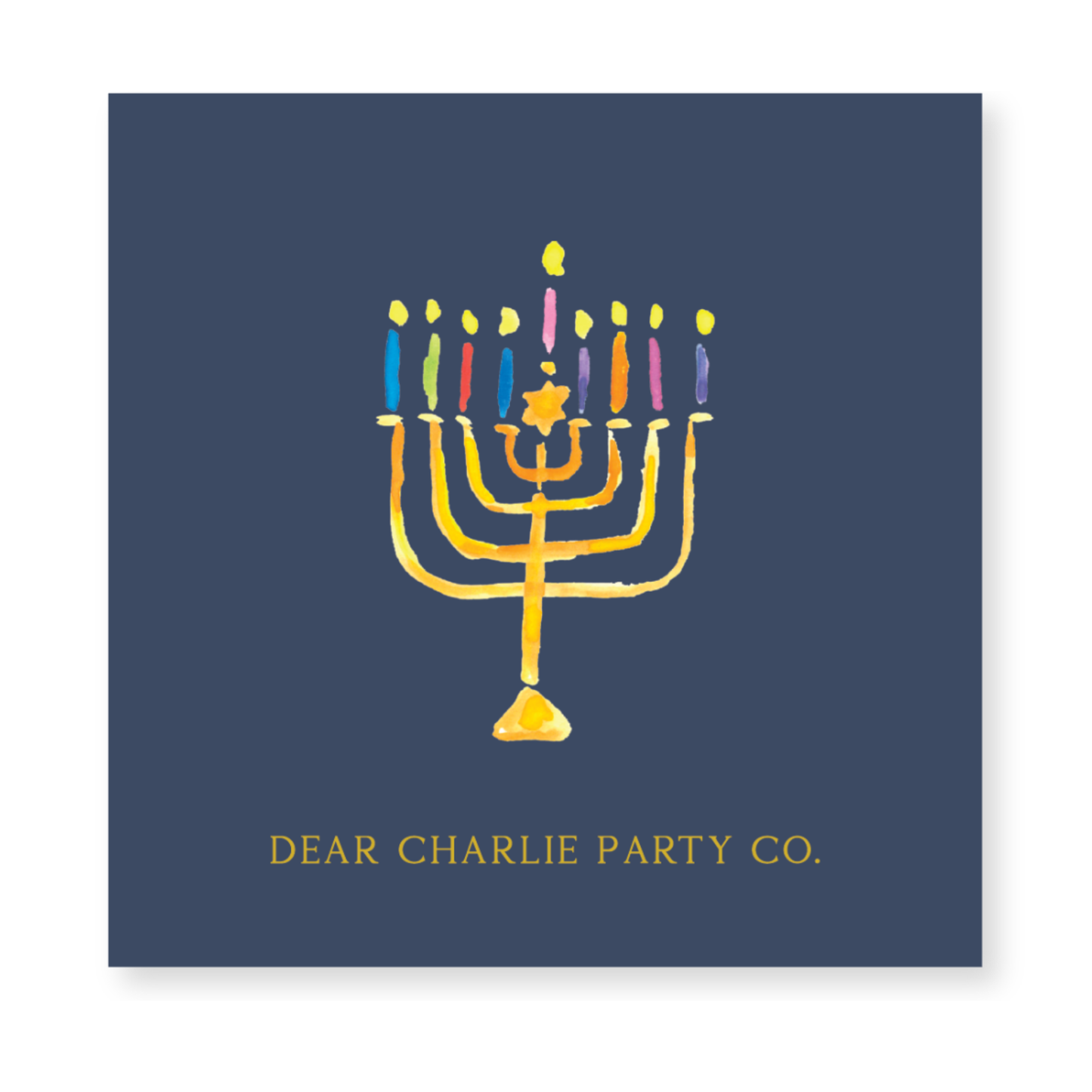 a card with a menorah on it that says dear charlie party co