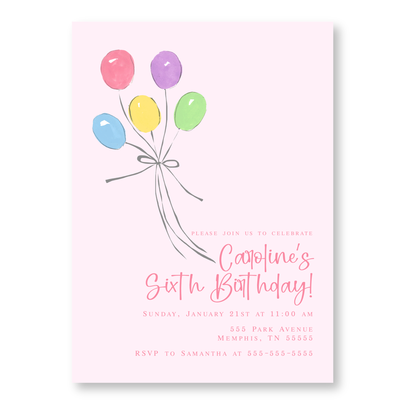 Balloon Birthday Invitation in Pink