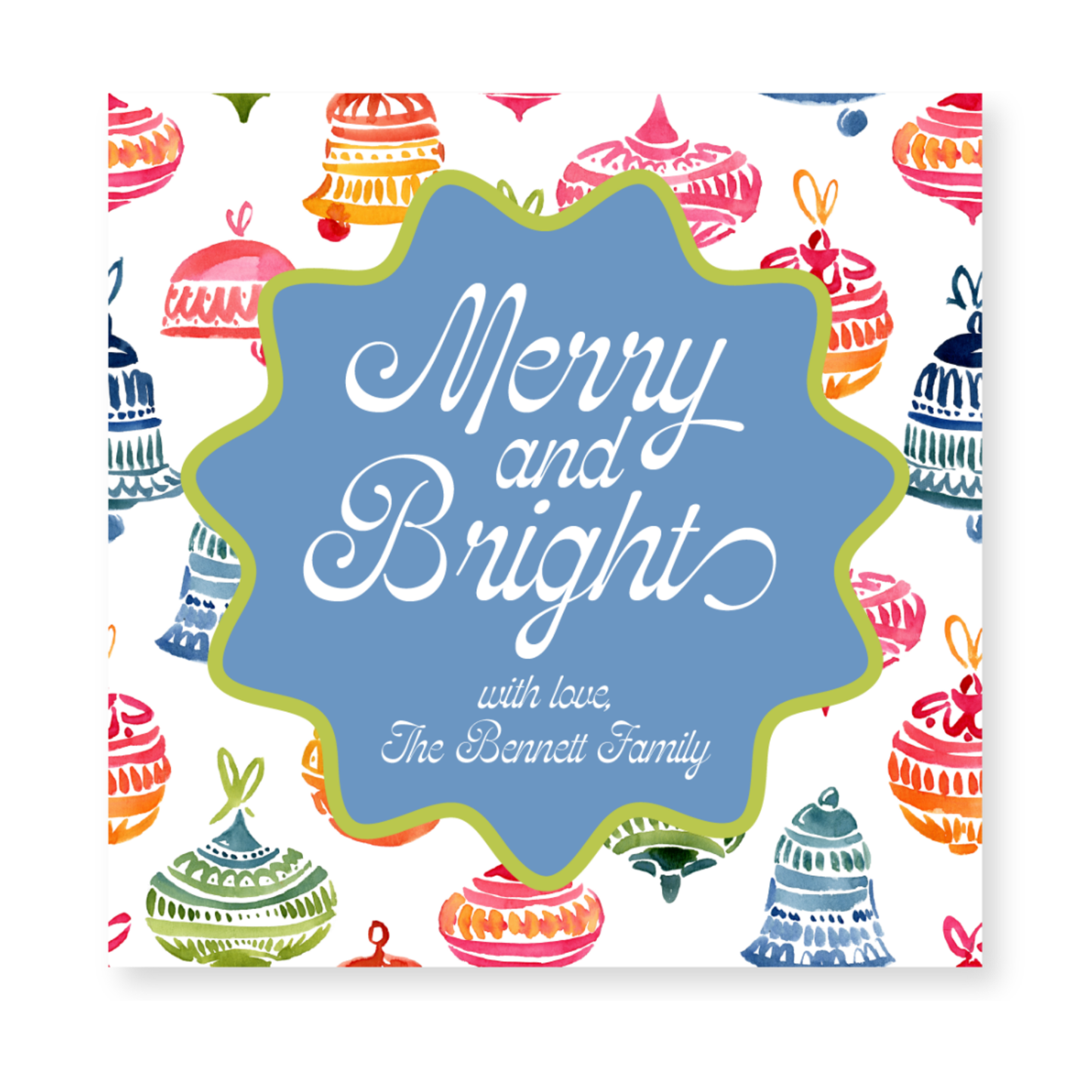 a merry and bright christmas card with bells