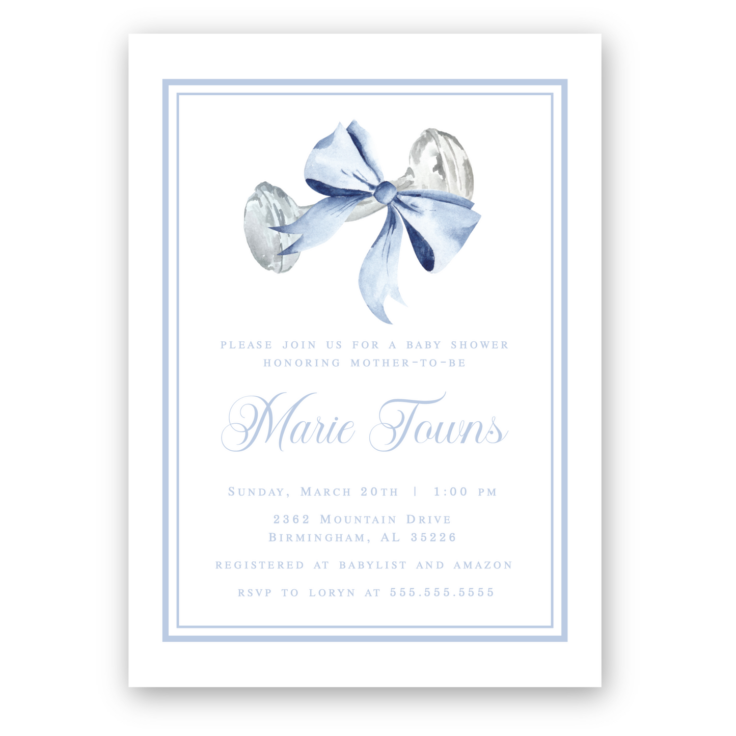 Heirloom Rattle and Bow Baby Shower Invitation in Blue