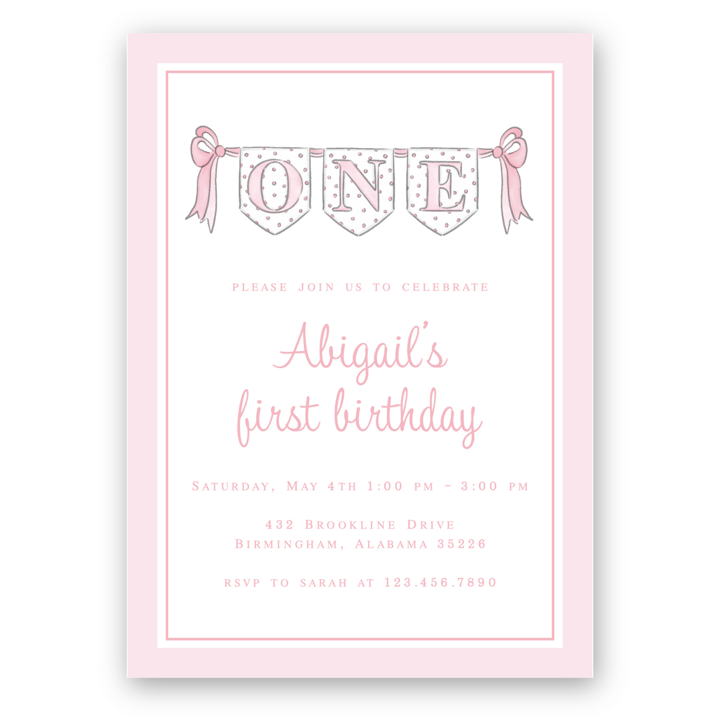 ONE Banner Birthday Invitation in Pink
