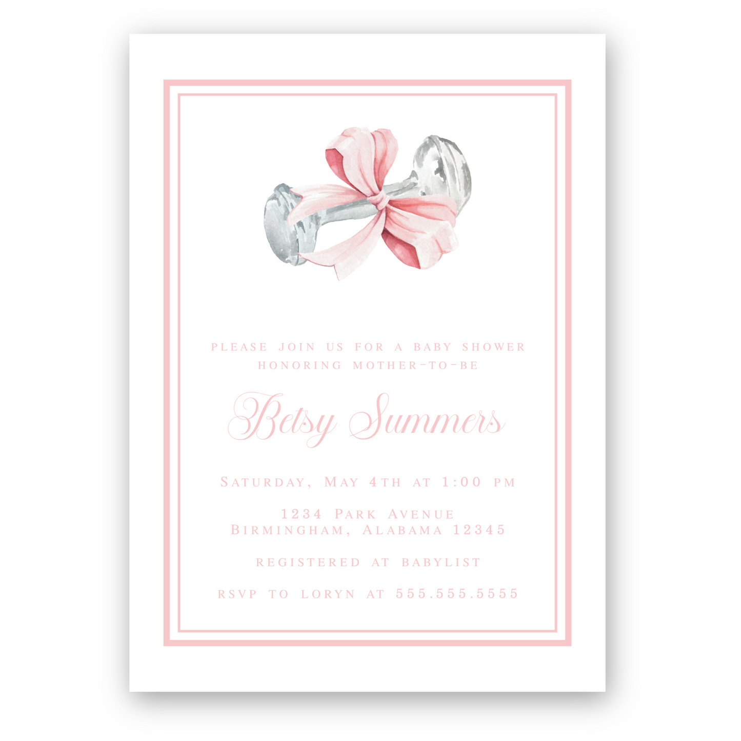 Heirloom Rattle and Bow Baby Shower Invitation in Pink
