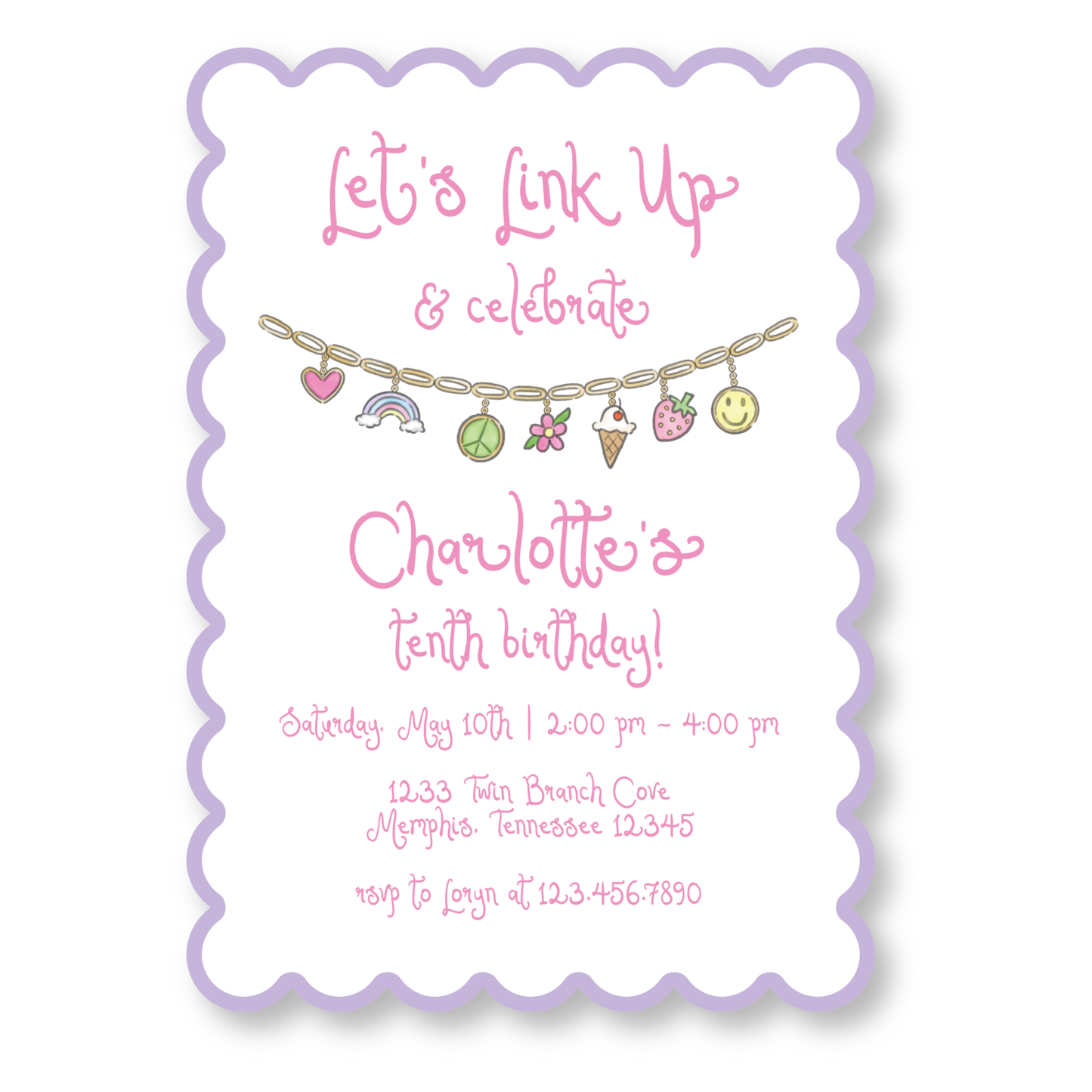 Let's Link Up Charm Bracelet Scalloped Birthday Invitation