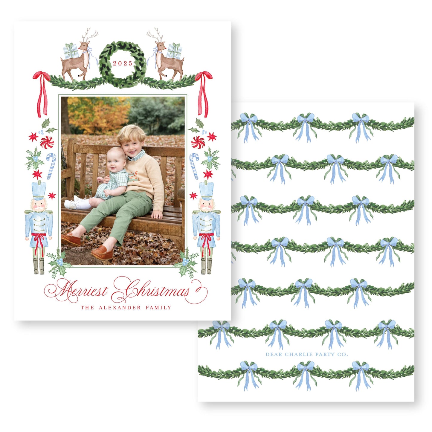 Exclusive Art | Reindeer, Nutcrackers and Ribbons Blue | 5x7 Holiday Photo Card with Envelope