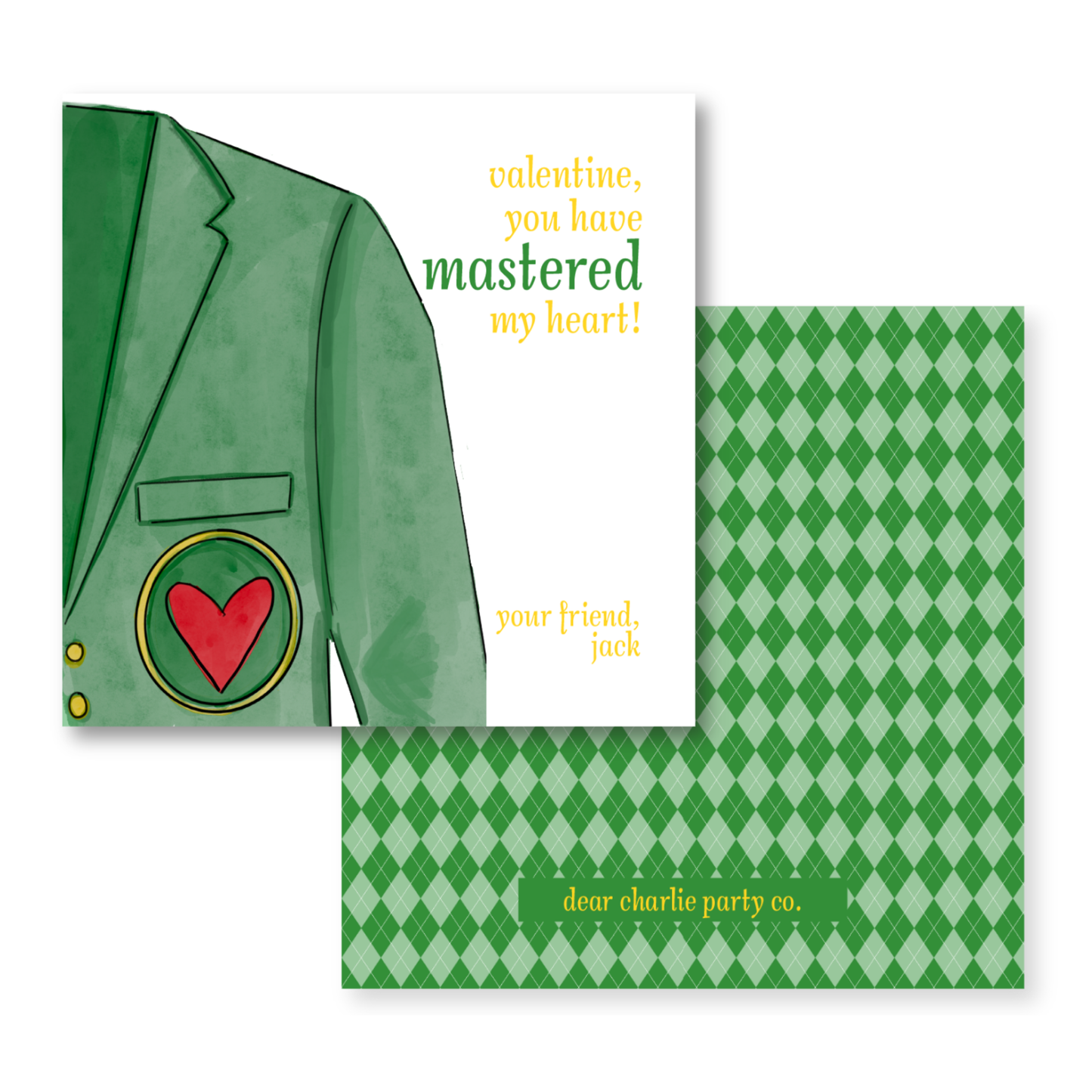 a card with a green jacket and a red heart