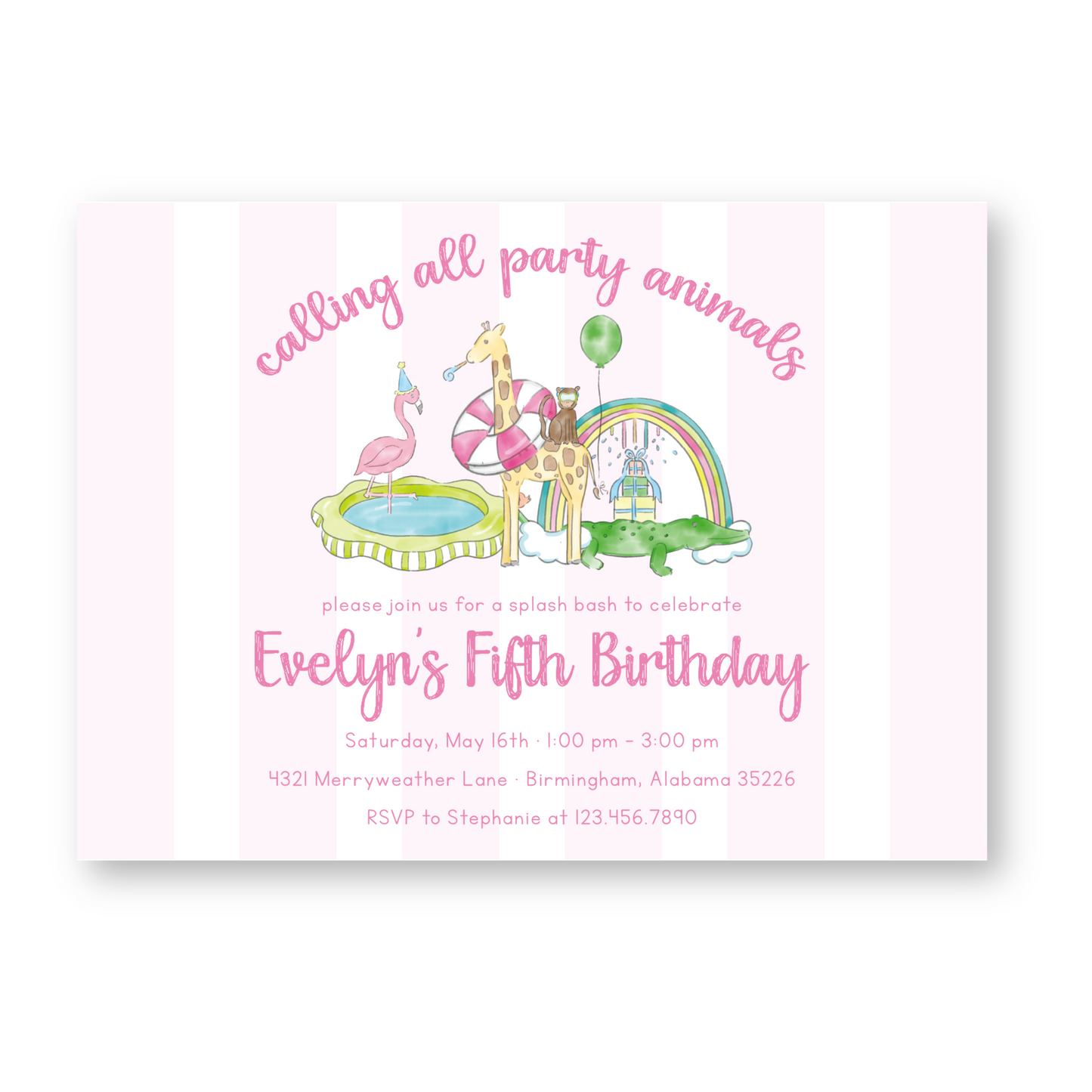 Party Animal Swim Birthday Invitation in Pink