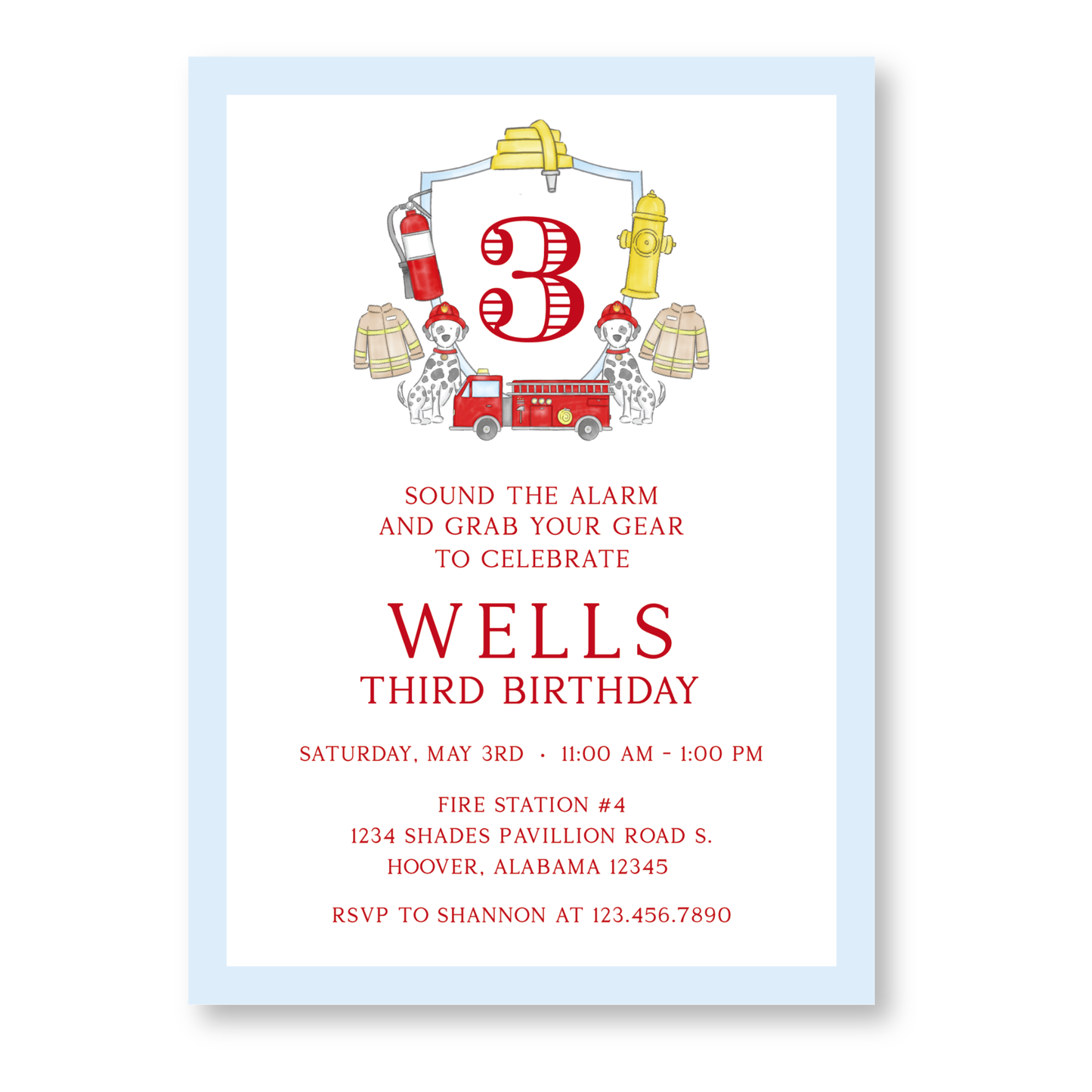 Firetruck Birthday Invitation in Blue