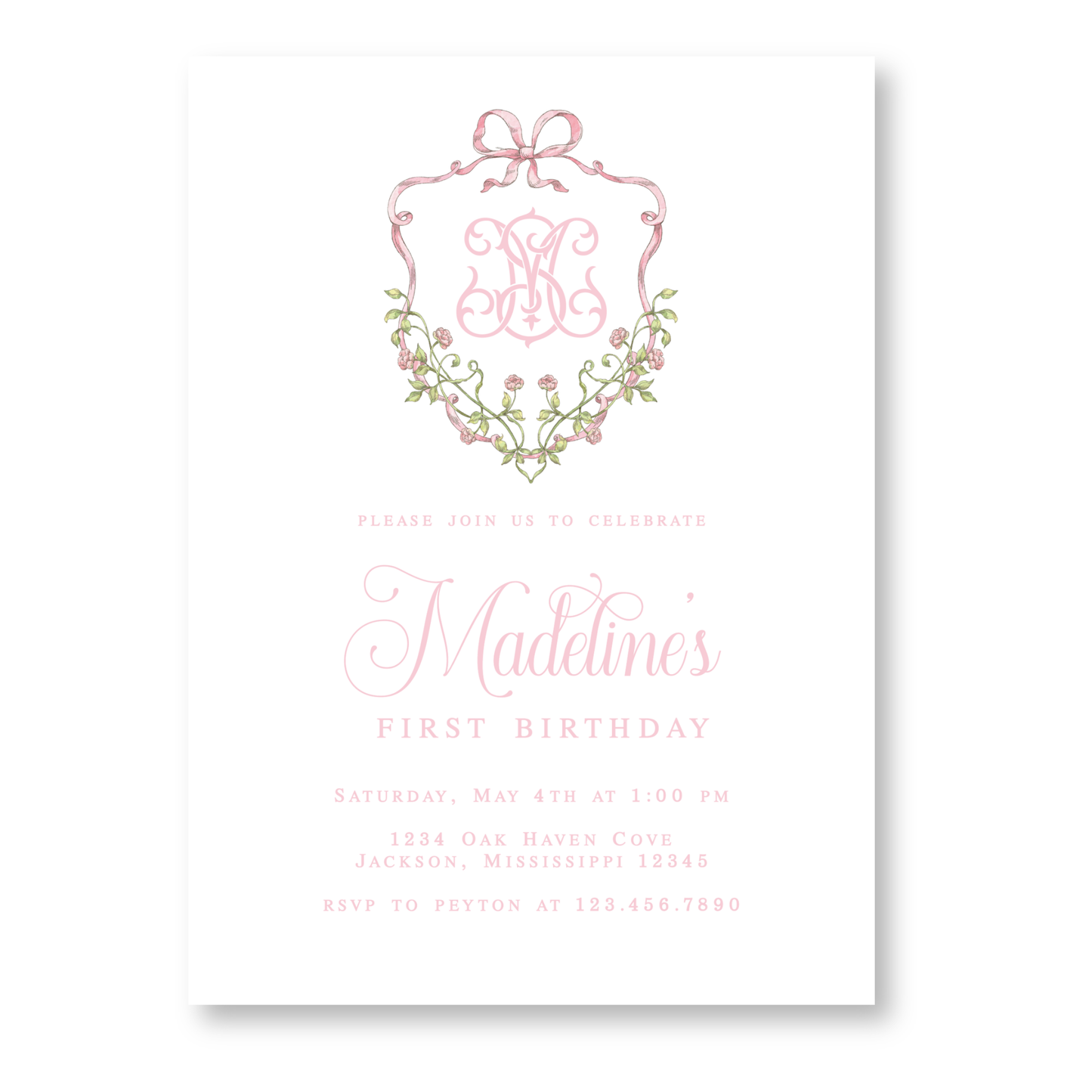 Floral Crest First Birthday Invitation