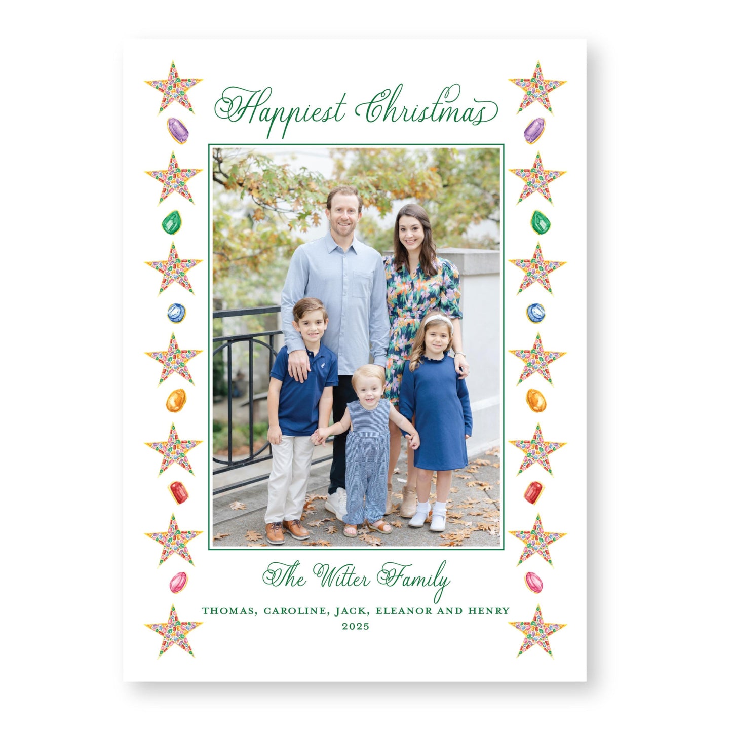 PRINTED Exclusive Art Holiday Card | Christmas Jewels Border | 5x7 Holiday Photo Card with Envelope