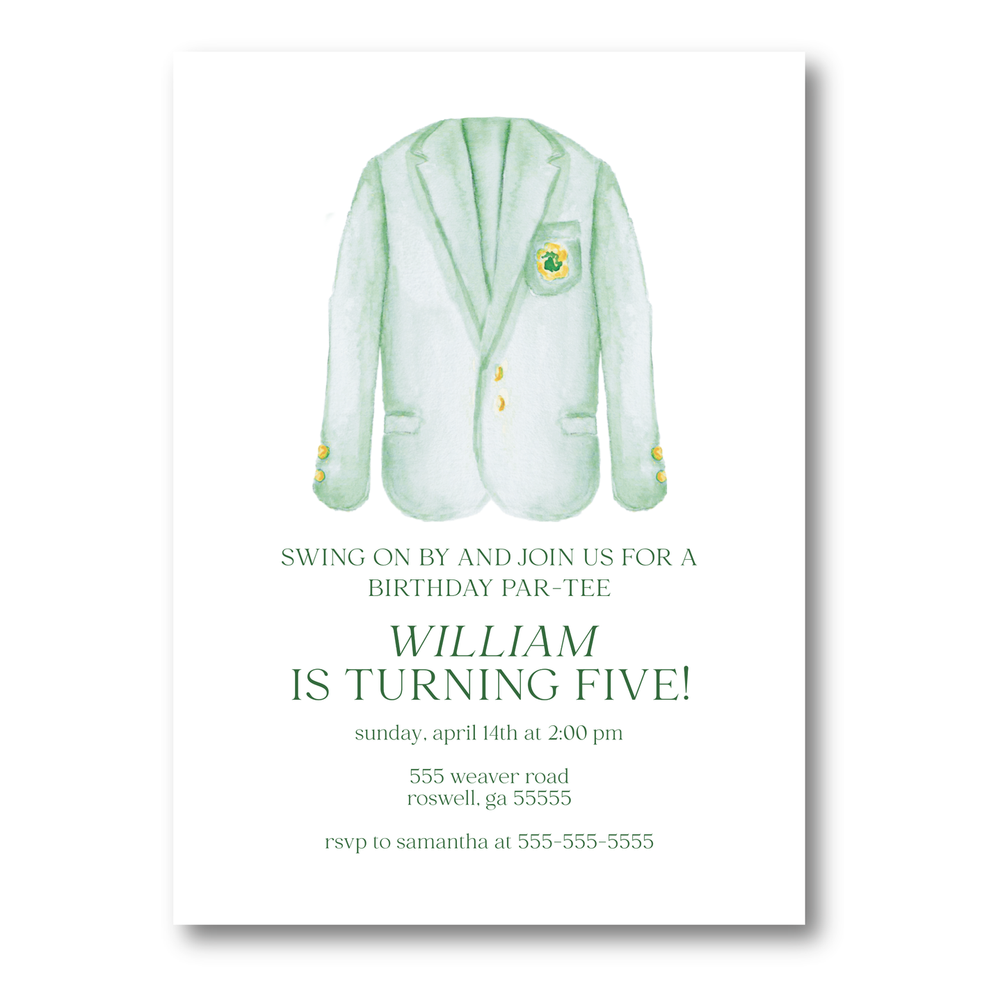 Green Jacket Golf Birthday Party Invitation