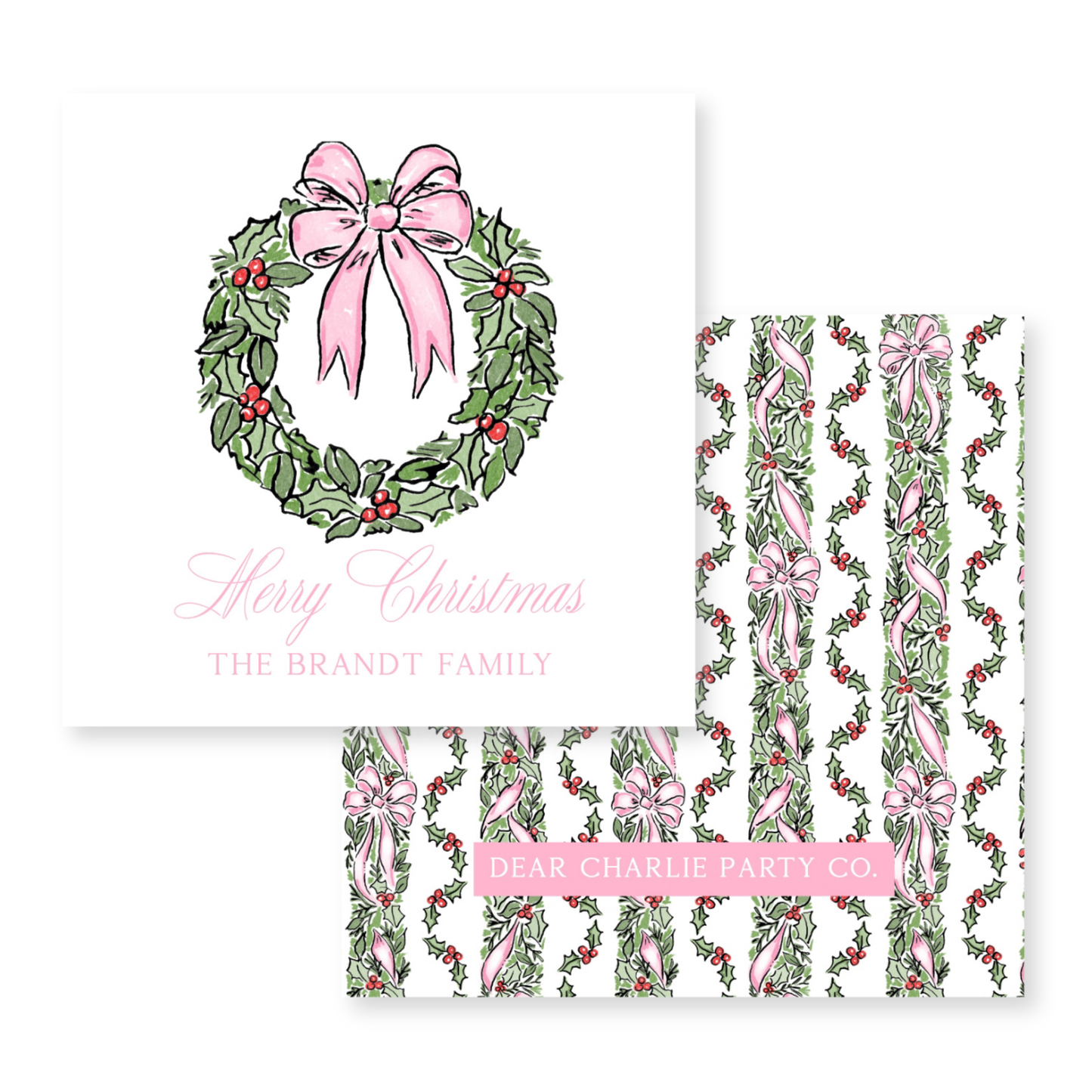 a christmas card with a pink bow and holly wreath