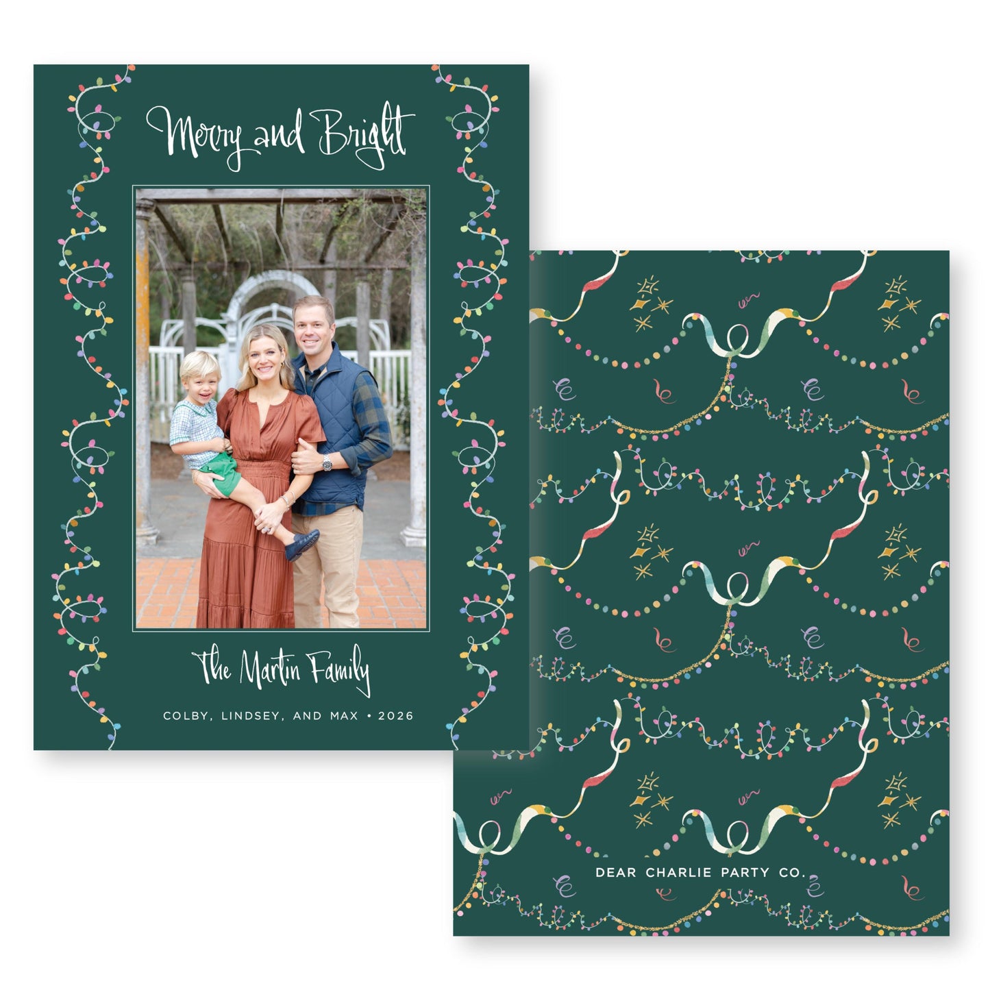 The image is a Christmas-themed card featuring a family portrait of a man, woman, and child. The card has a green border with a pattern of Christmas lights and stars, and the text "Merry and Bright" is written above the family portrait.