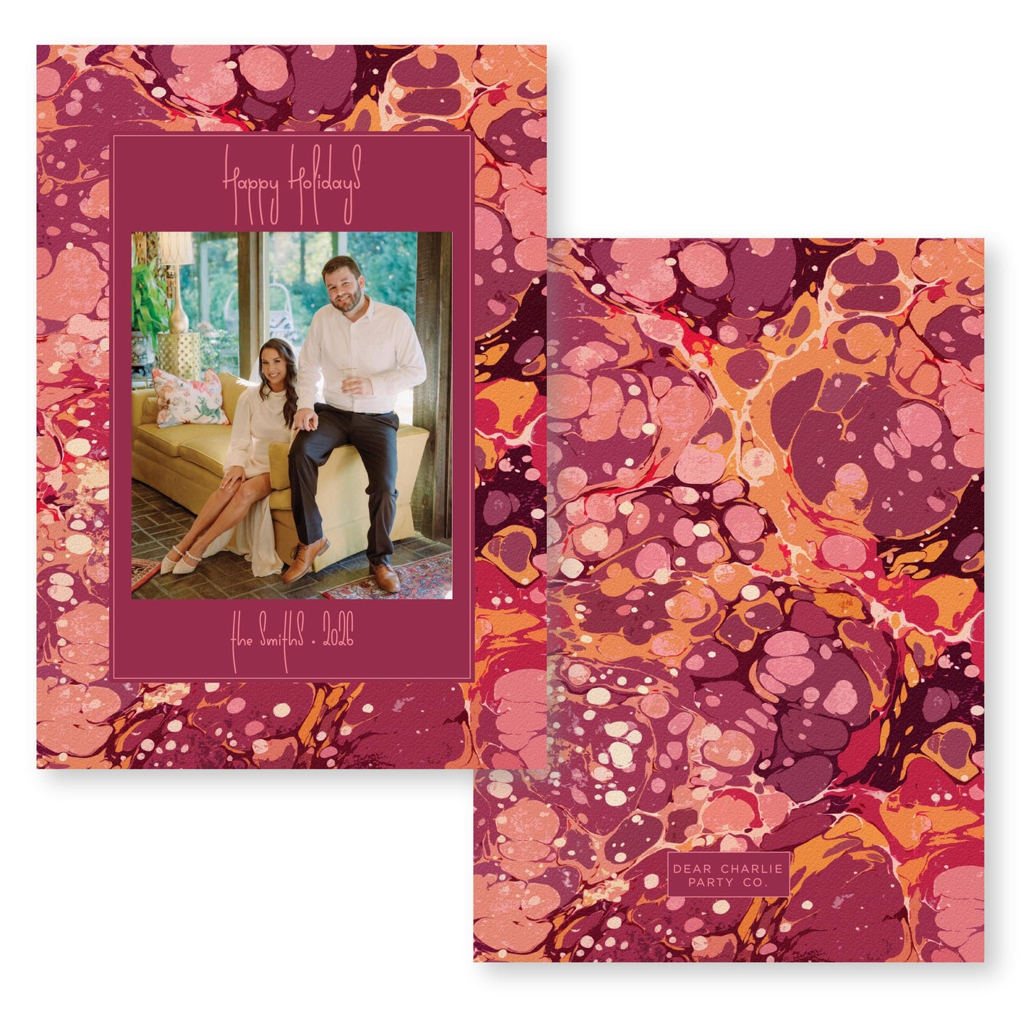 Marble Merriment in Berry and Army Card | 5x7 Holiday Photo Card with Envelope