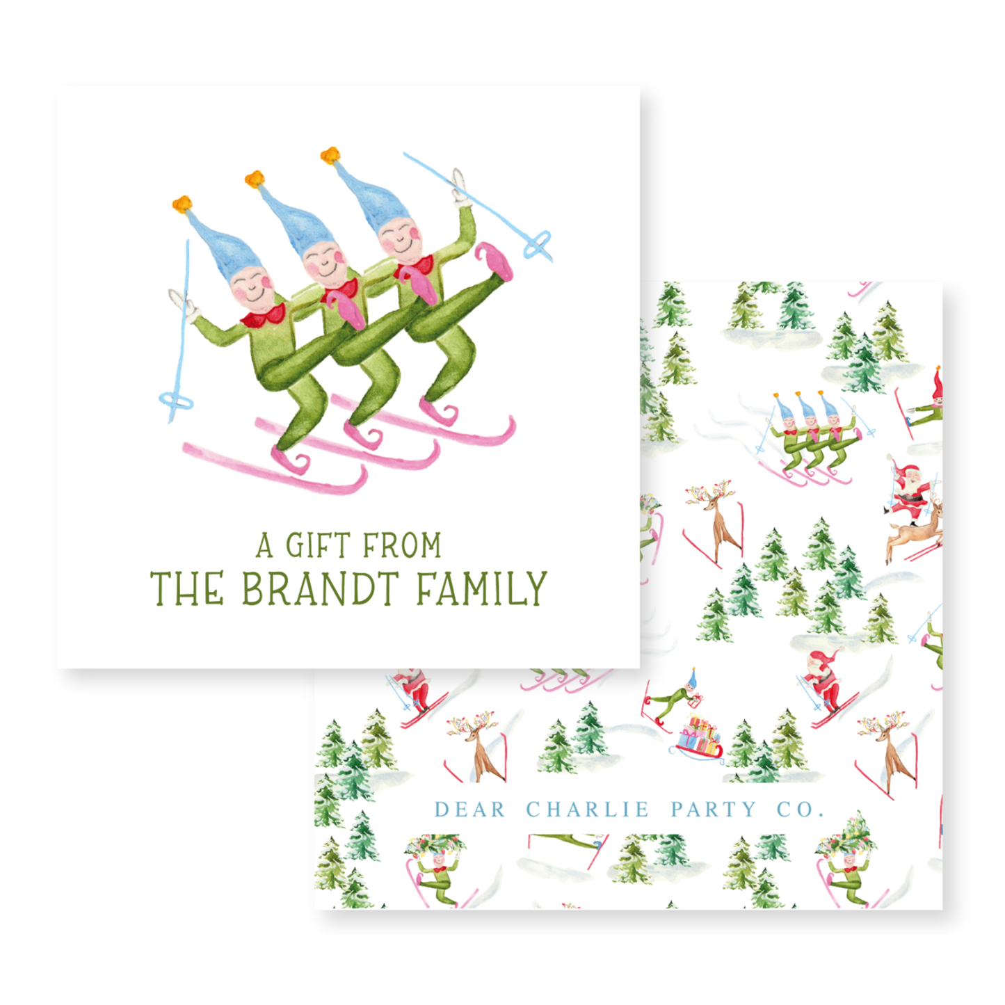 a christmas card with two elves on skis