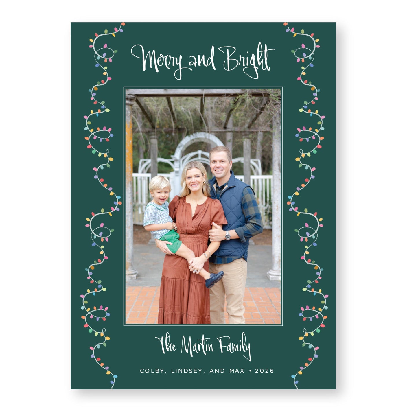 A family portrait of a man, woman, and child, with the text "Merry and Bright" and "The Martin Family" written around the edges of the frame.