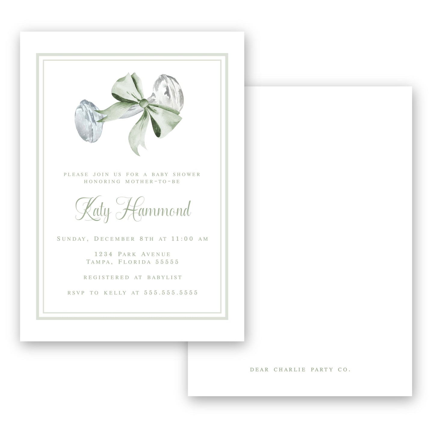 Heirloom Rattle and Bow Baby Shower Invitation in Green Invitation