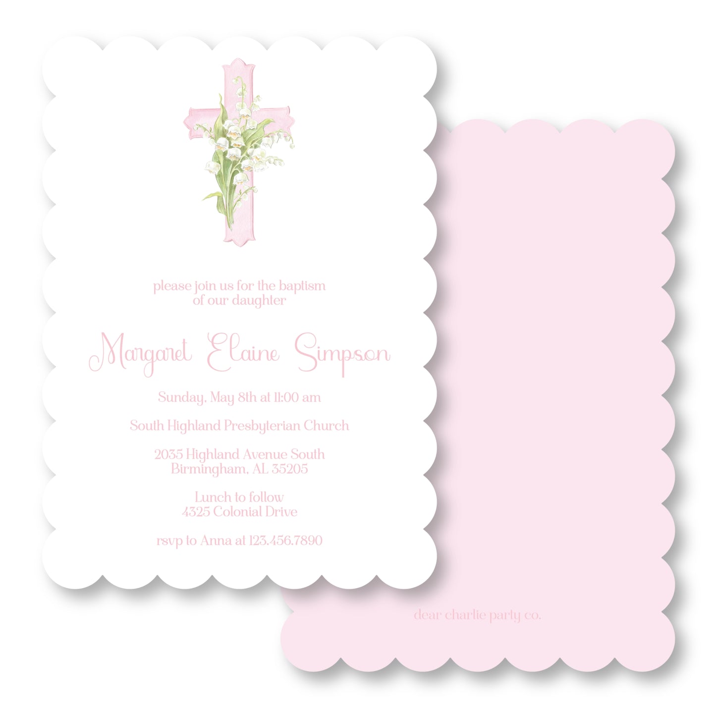 Lily Cross Baptism Scallop Die Cut Invitation