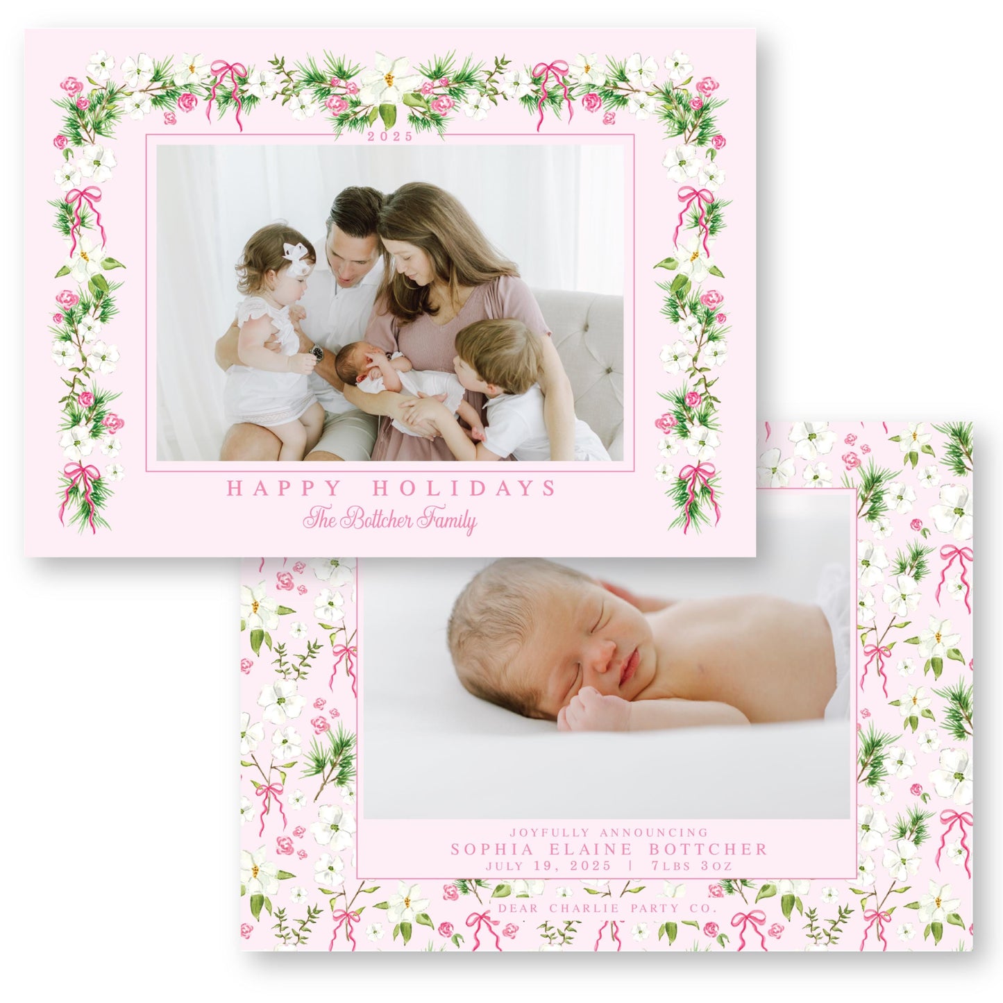 Merry Magnolias in Pink | 5x7 Holiday Photo Card with Envelope