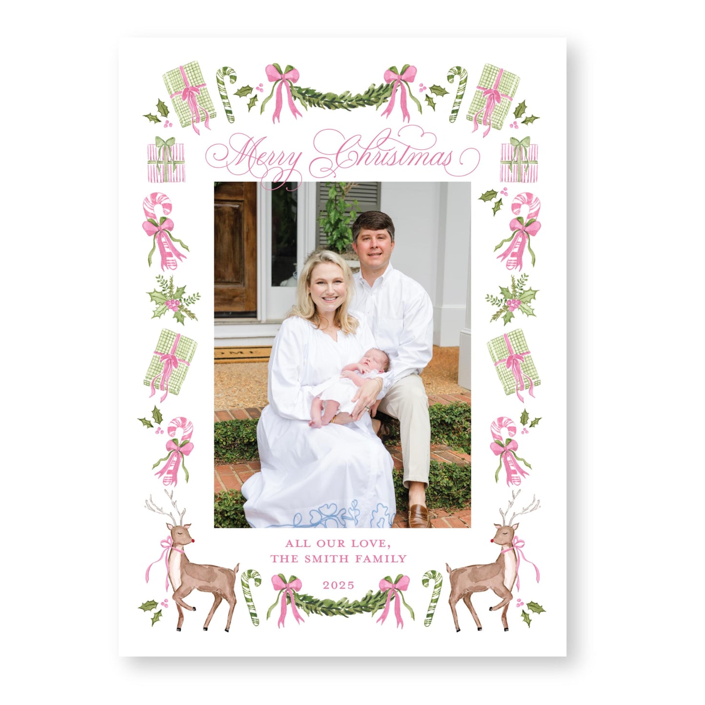 Exclusive Art | Reindeer and Ribbons, Pink Holiday Card | 5x7 Holiday Photo Card with Envelope
