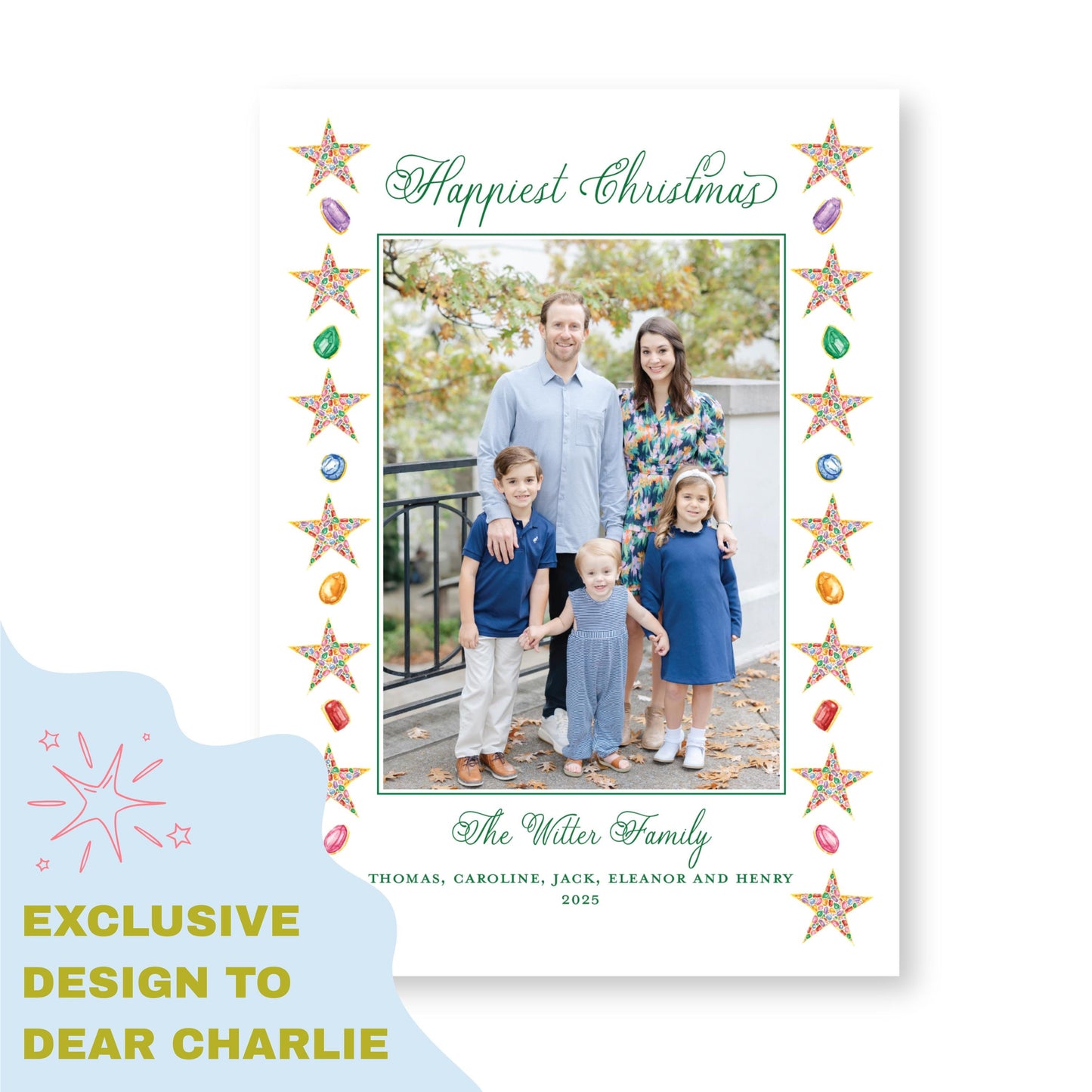 PRINTED Exclusive Art Holiday Card | Christmas Jewels Border | 5x7 Holiday Photo Card with Envelope
