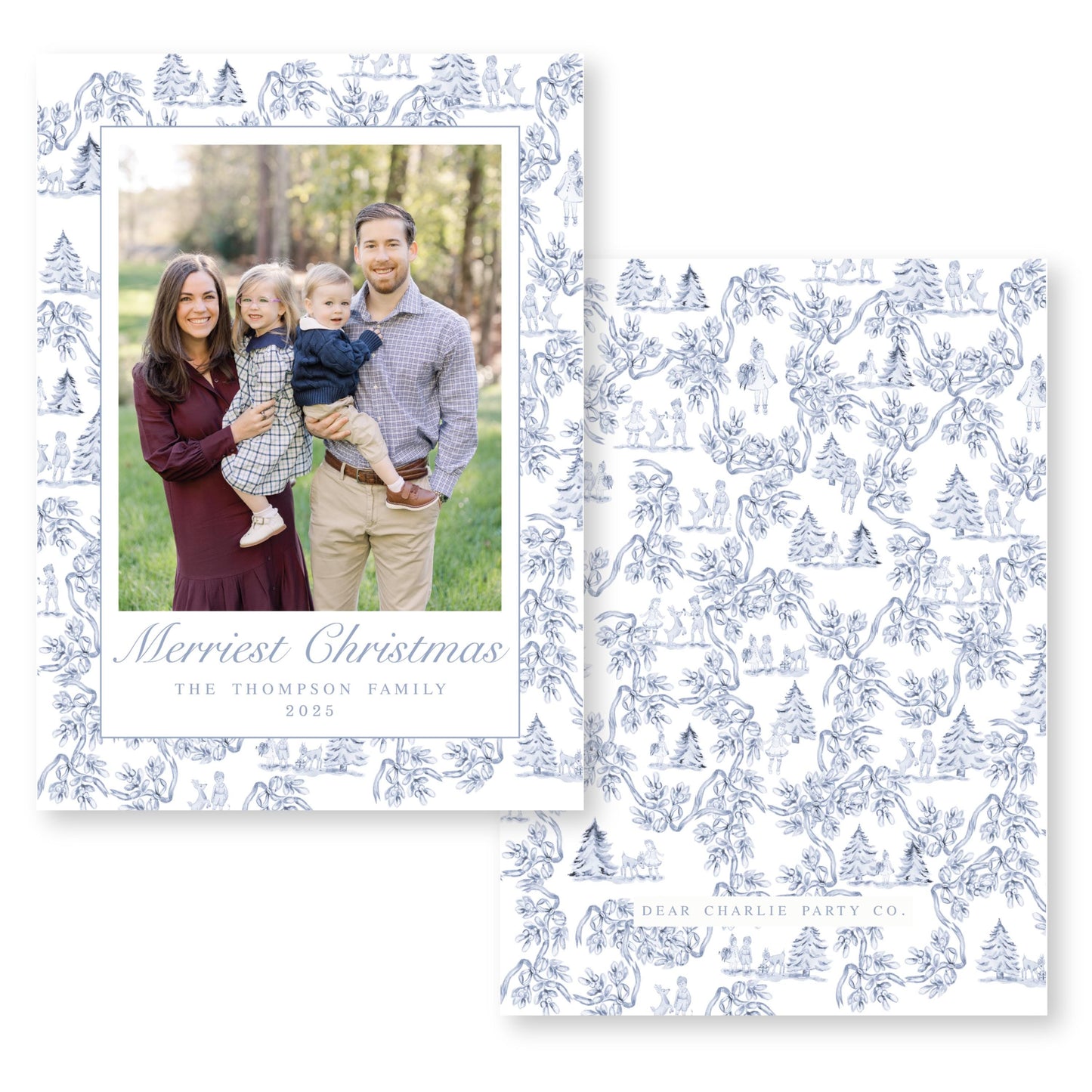 Holiday Toile Christmas Card in White and Blue | 5x7 Holiday Photo Card with Envelope