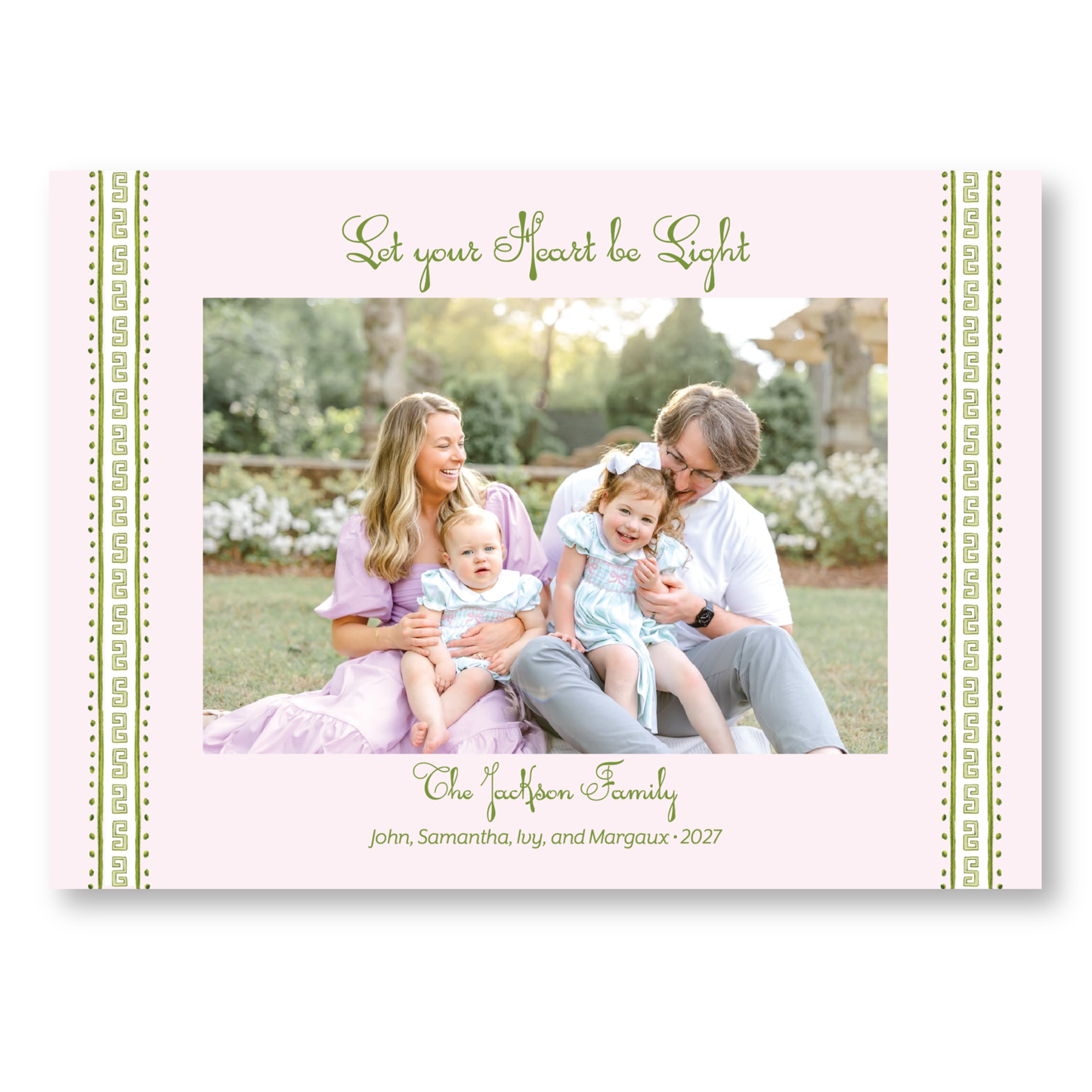 Greek Key Border Pink Holiday Card | 5x7 Holiday Photo Card with Envelope
