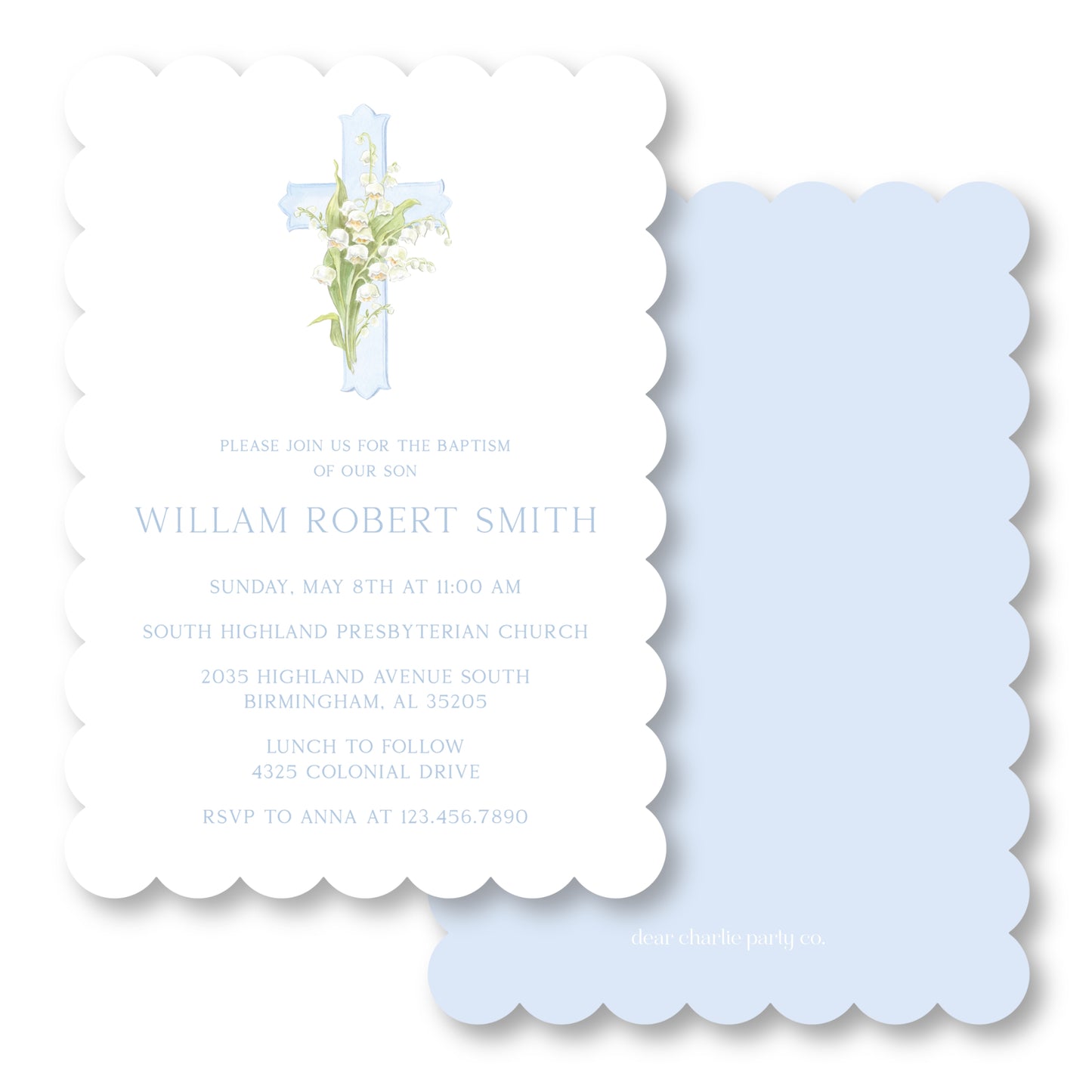 Lily Cross Baptism in Blue Scallop Die Cut Invitation