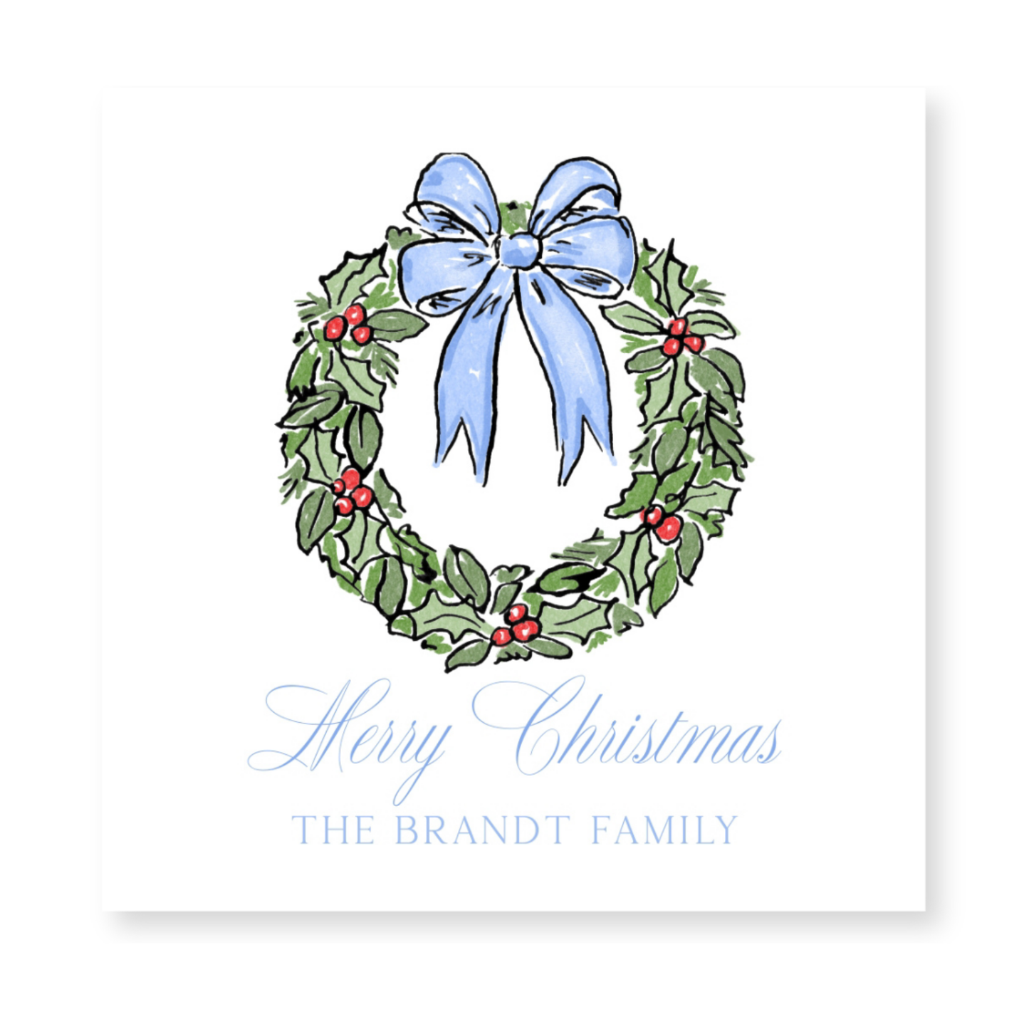 a christmas card with a blue bow and holly wreath