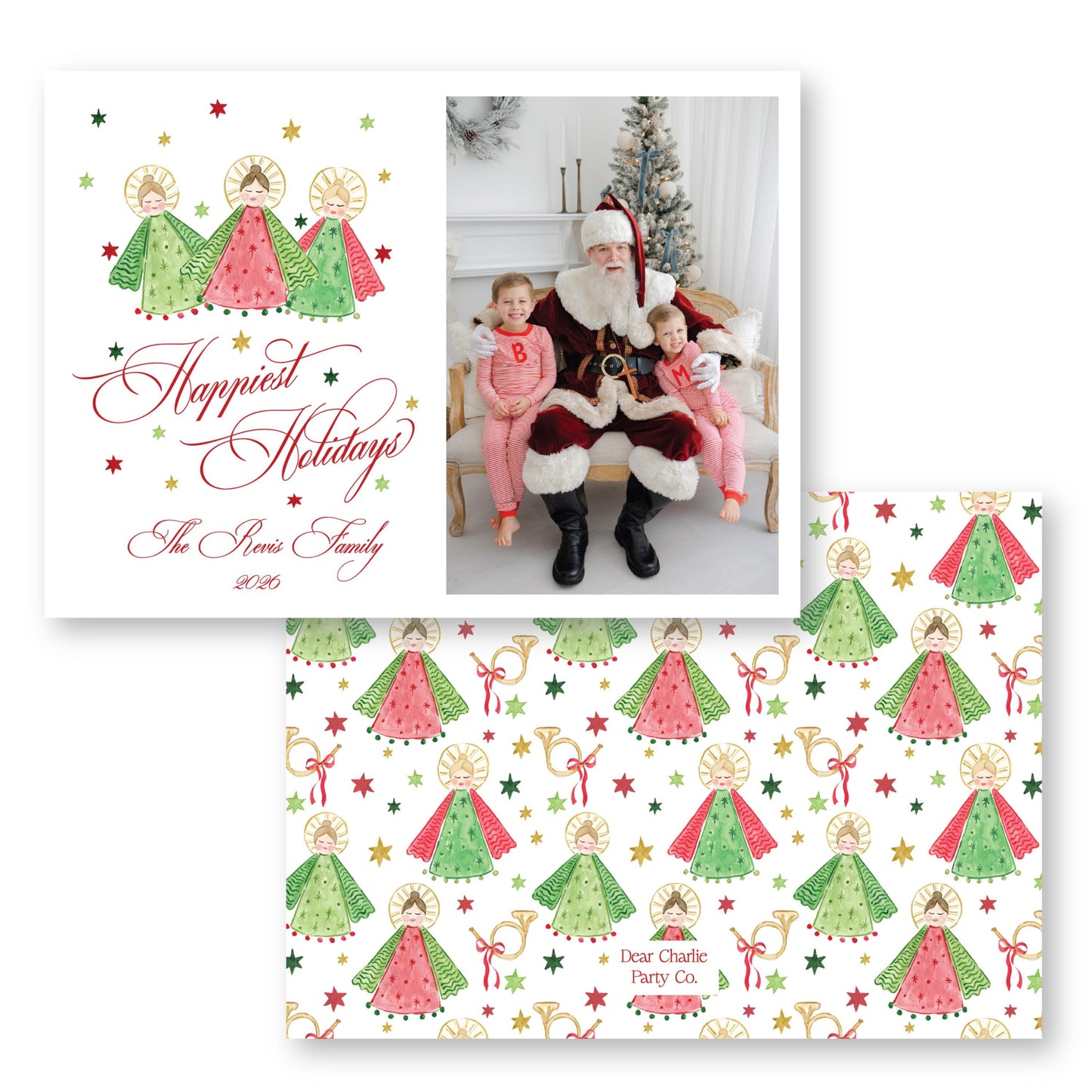 The image is a holiday card featuring Santa Claus and two children, with a festive Christmas-themed design.