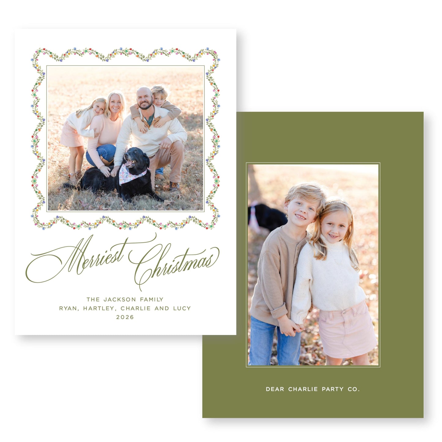 The image is a holiday card featuring a family photo with a dog, and a separate photo of two children posing together. The card includes a message that reads "Merry Christmas" and includes the names "The Jackson Family" and "Ryan, Harper, Charlie and Lucy" along with the year "2026". The separate photo shows two children, one of whom is smiling. The card also includes a note that says "Dear Charlie Party Co."
