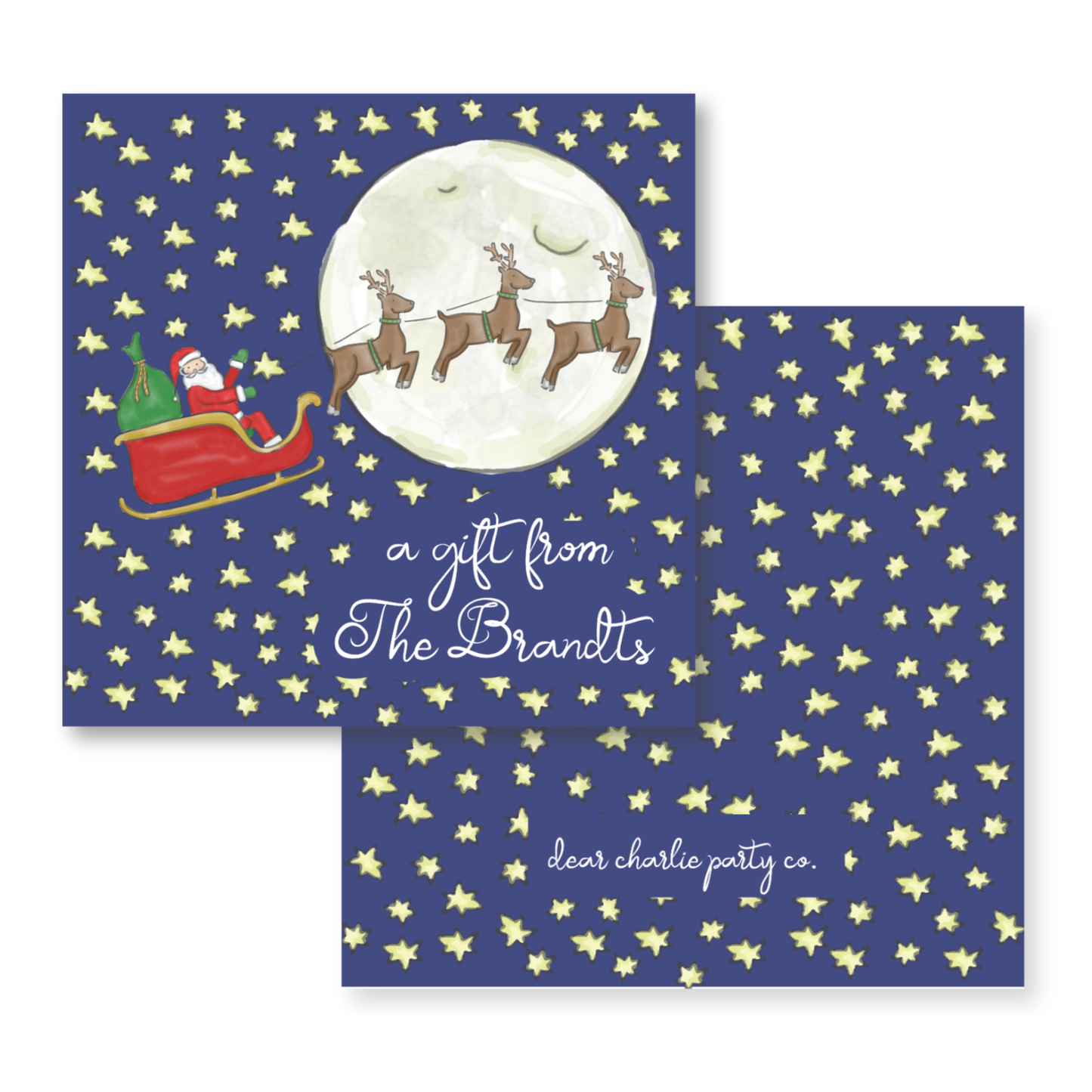 two christmas cards with santa riding a sleigh