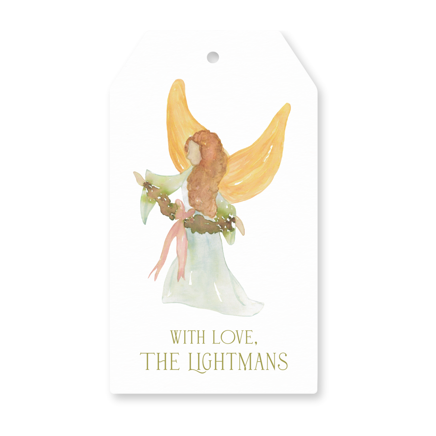 a tag with a picture of a fairy holding a flower