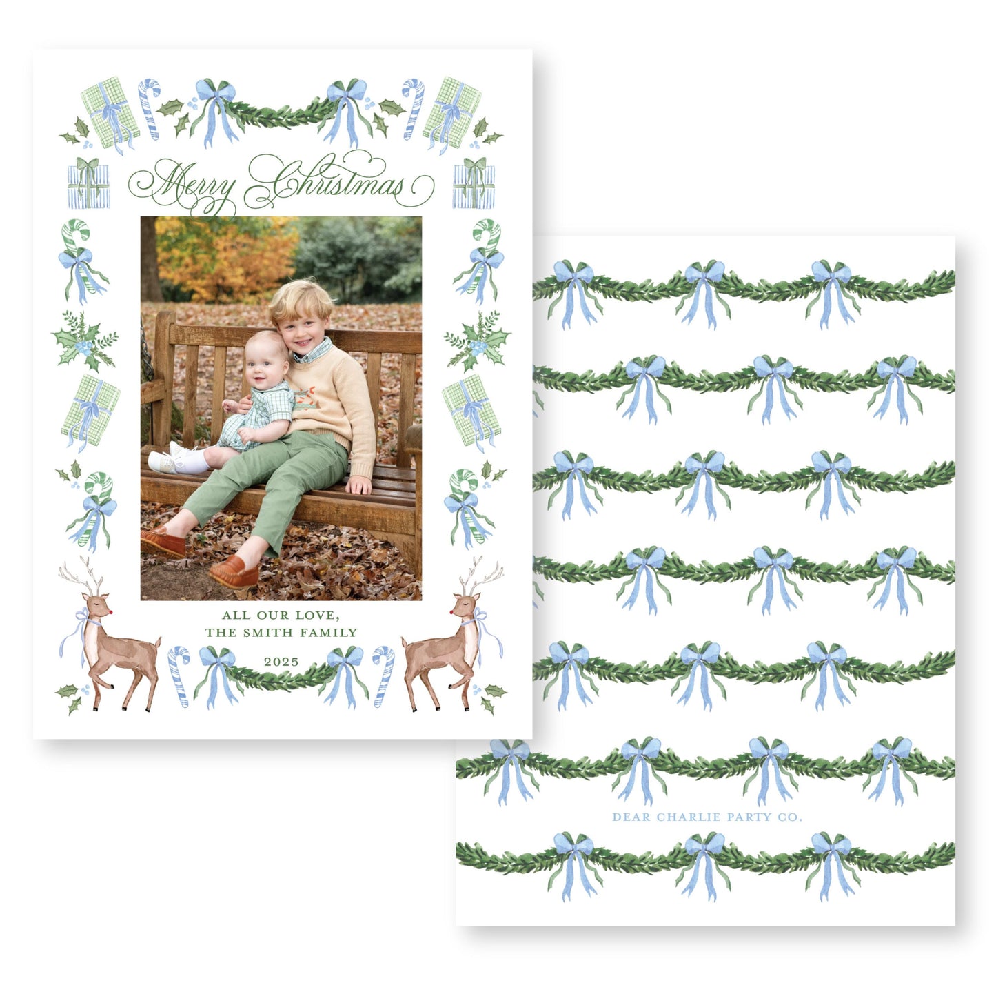 Exclusive Art | Reindeer and Ribbons, Blue Holiday Card | 5x7 Holiday Photo Card with Envelope