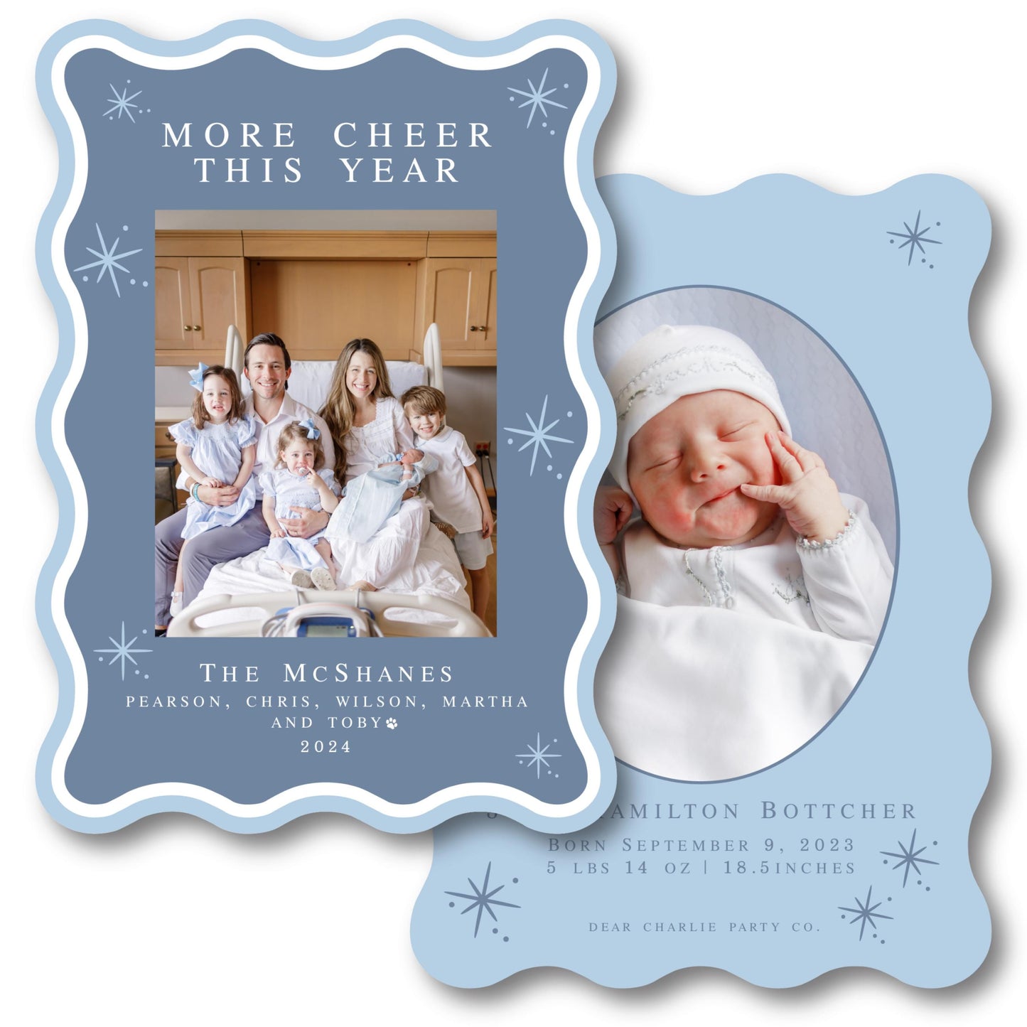 a baby's birth announcement with a picture of a family