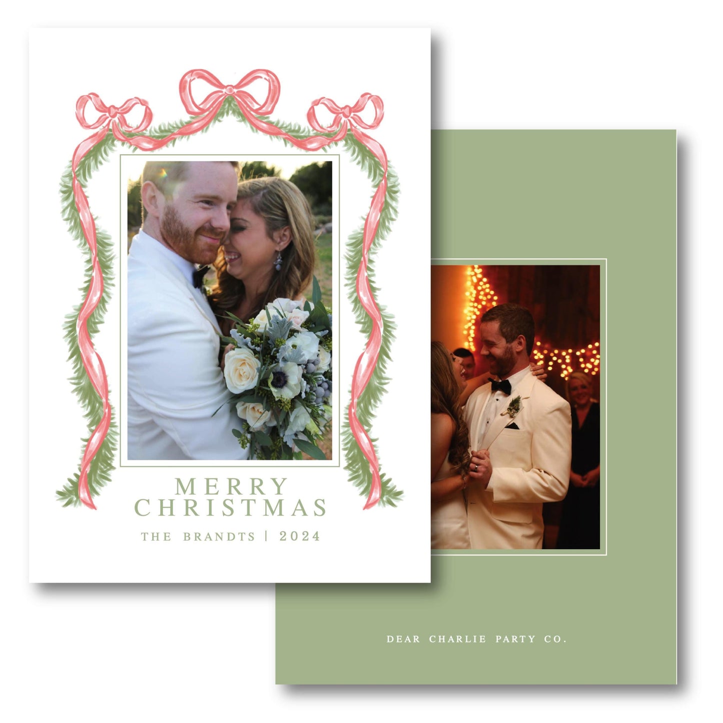 a christmas card with a picture of a bride and groom