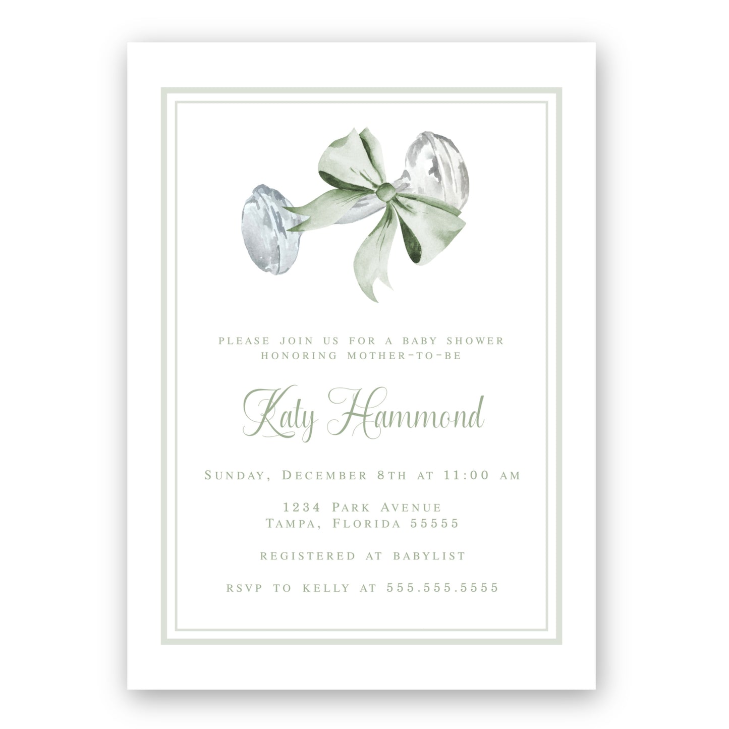 Heirloom Rattle and Bow Baby Shower Invitation in Green Invitation