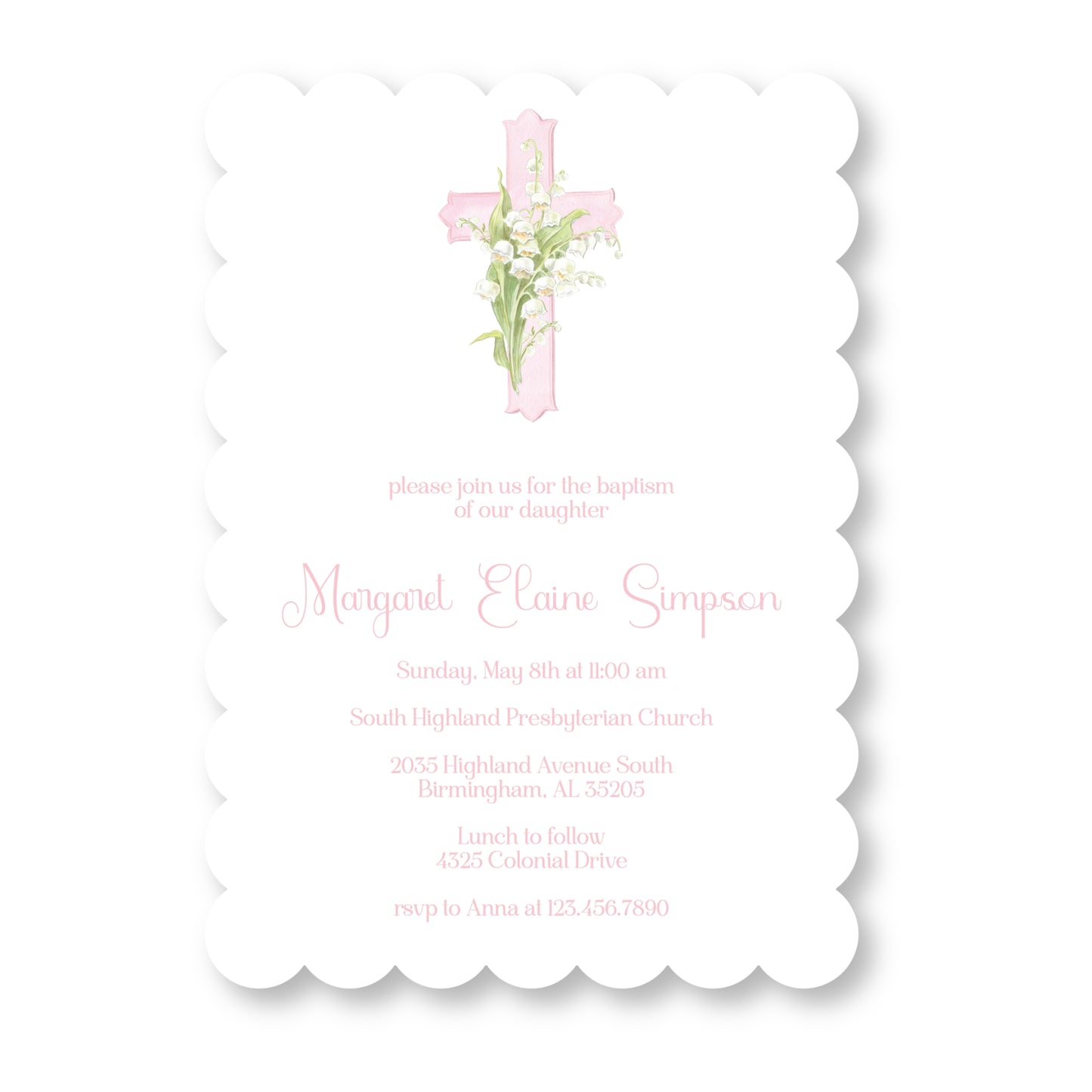 Lily Cross Baptism Scallop Die Cut Invitation