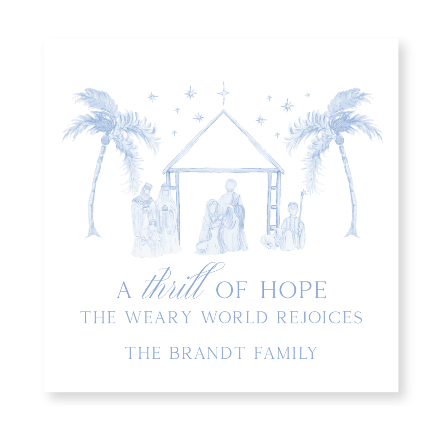 a christmas card with a nativity scene and palm trees