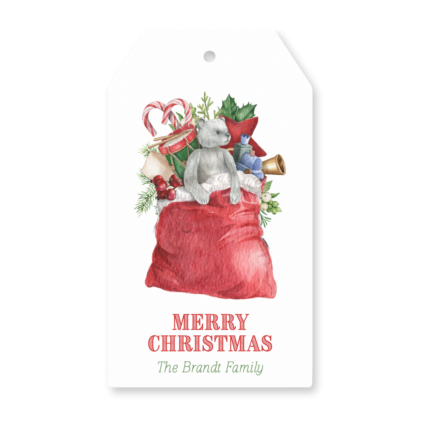 a watercolor painting of a christmas bag with a teddy bear