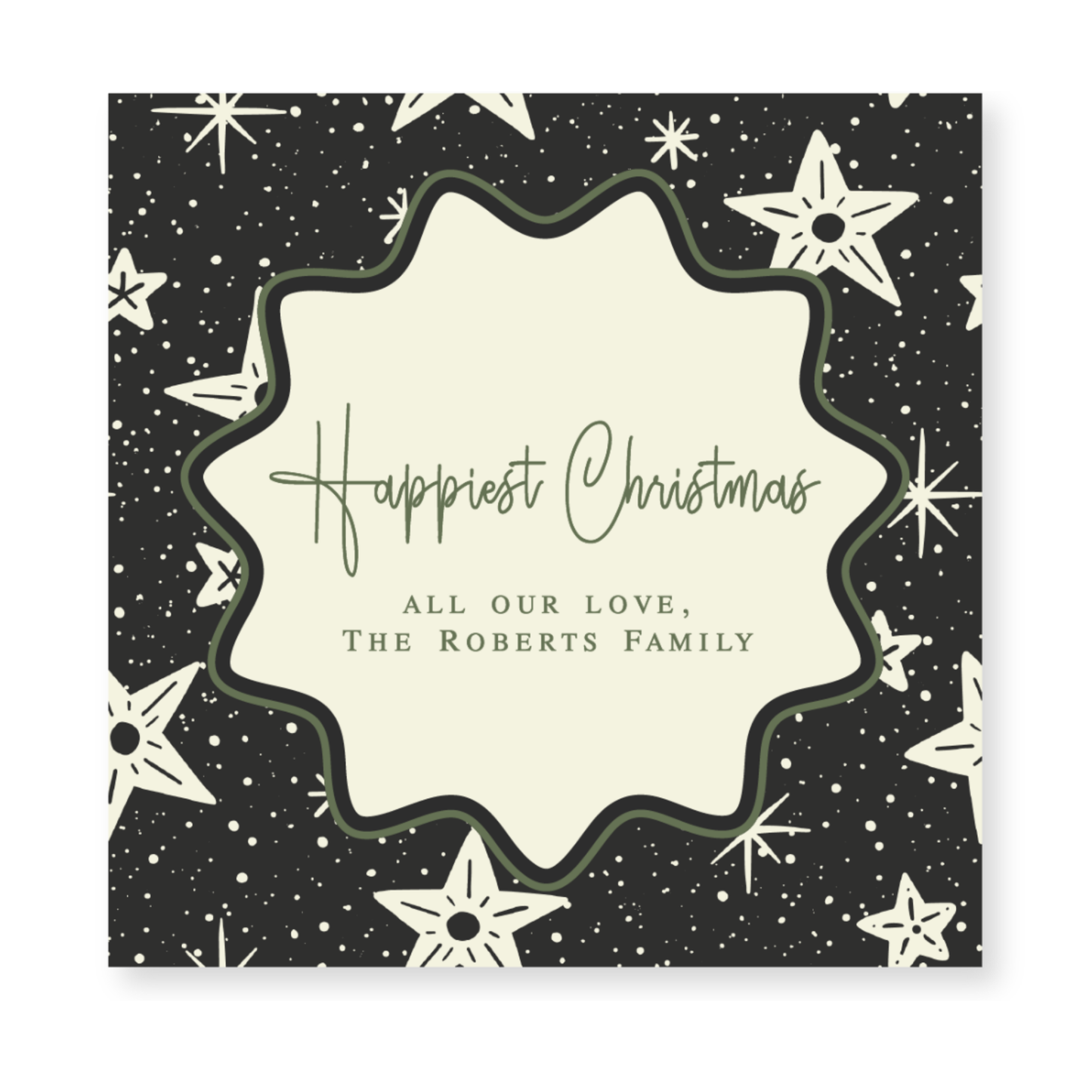 a black and white christmas card with stars