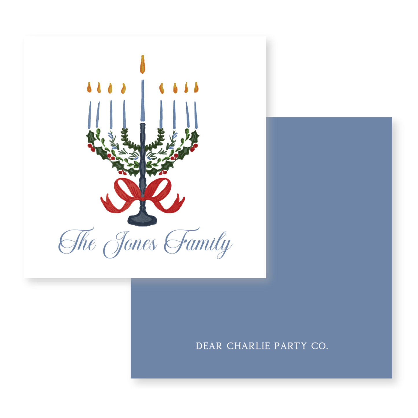 a card with a hantzh and candles on it