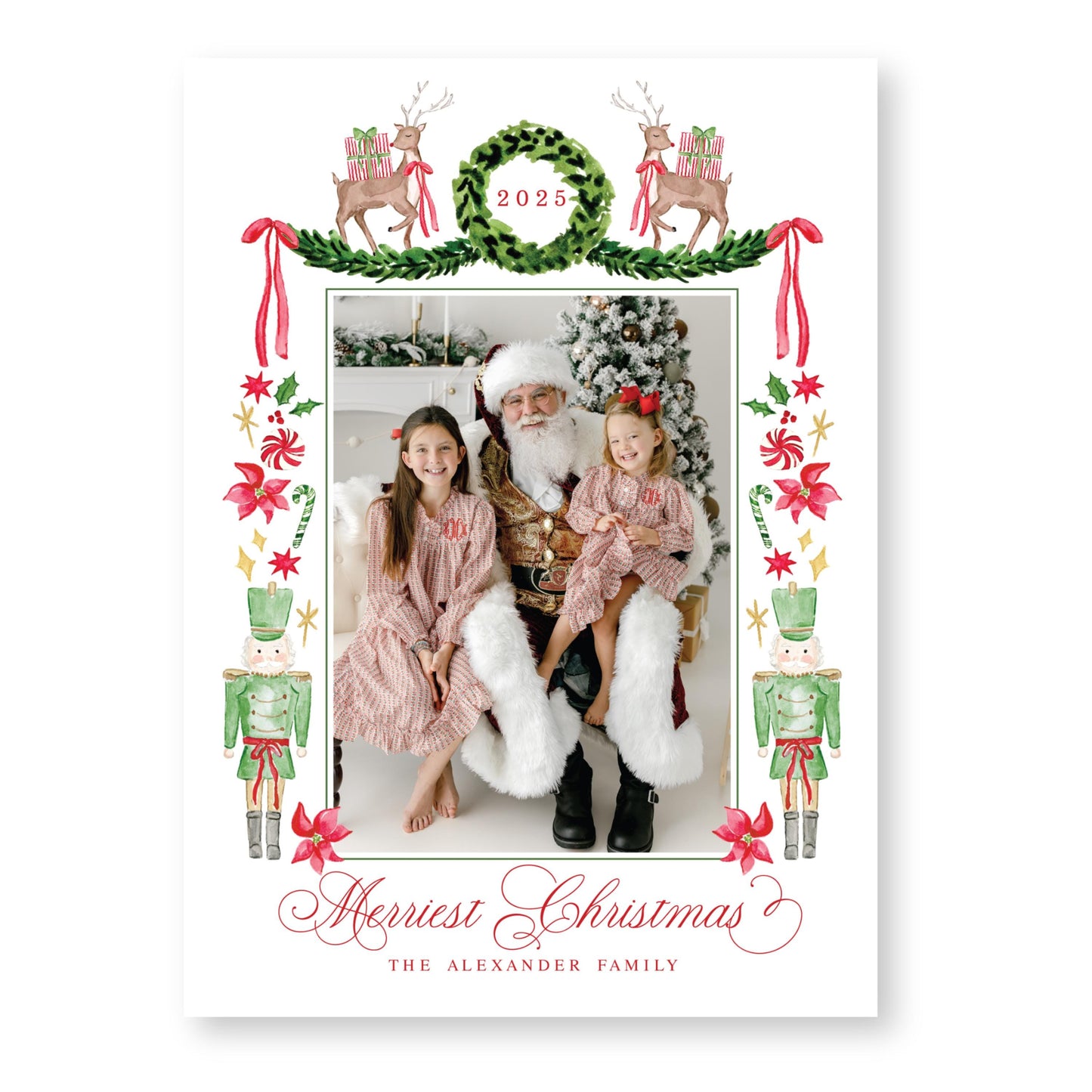 Exclusive Art | Reindeer, Nutcrackers and Ribbons | 5x7 Holiday Photo Card with Envelope