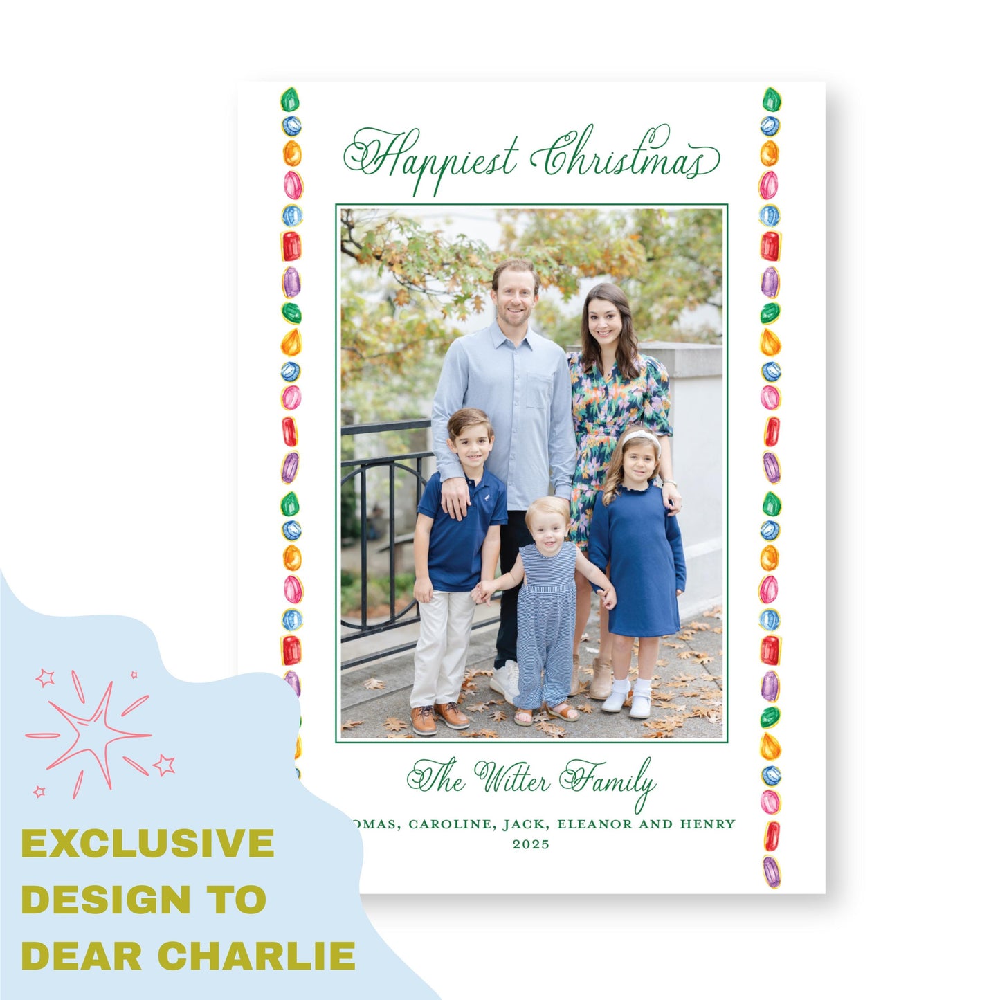 PRINTED Exclusive Art Holiday Card | Christmas Jewels Border | 5x7 Holiday Photo Card with Envelope