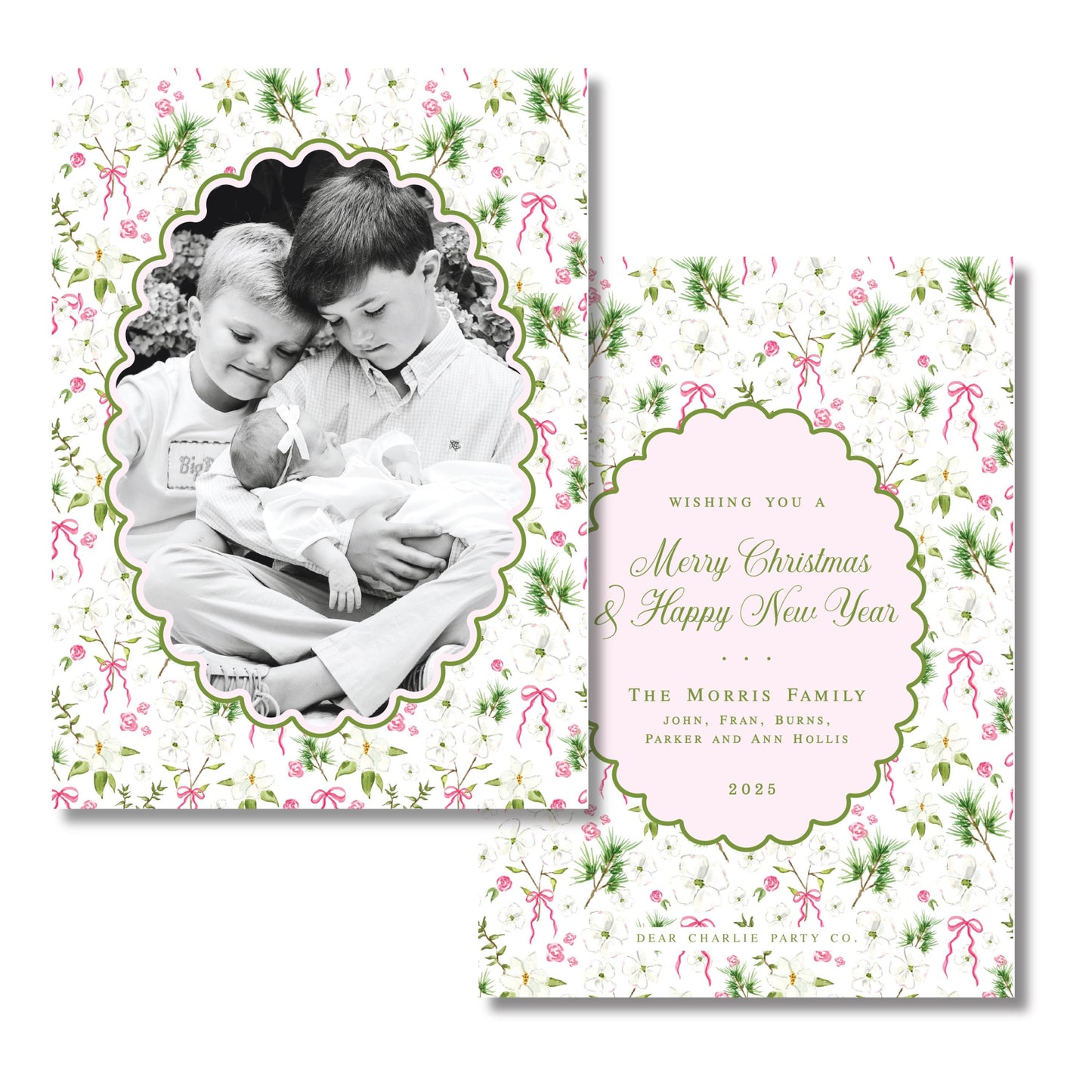 Merry Magnolias in Pink | 5x7 Holiday Photo Card with Envelope