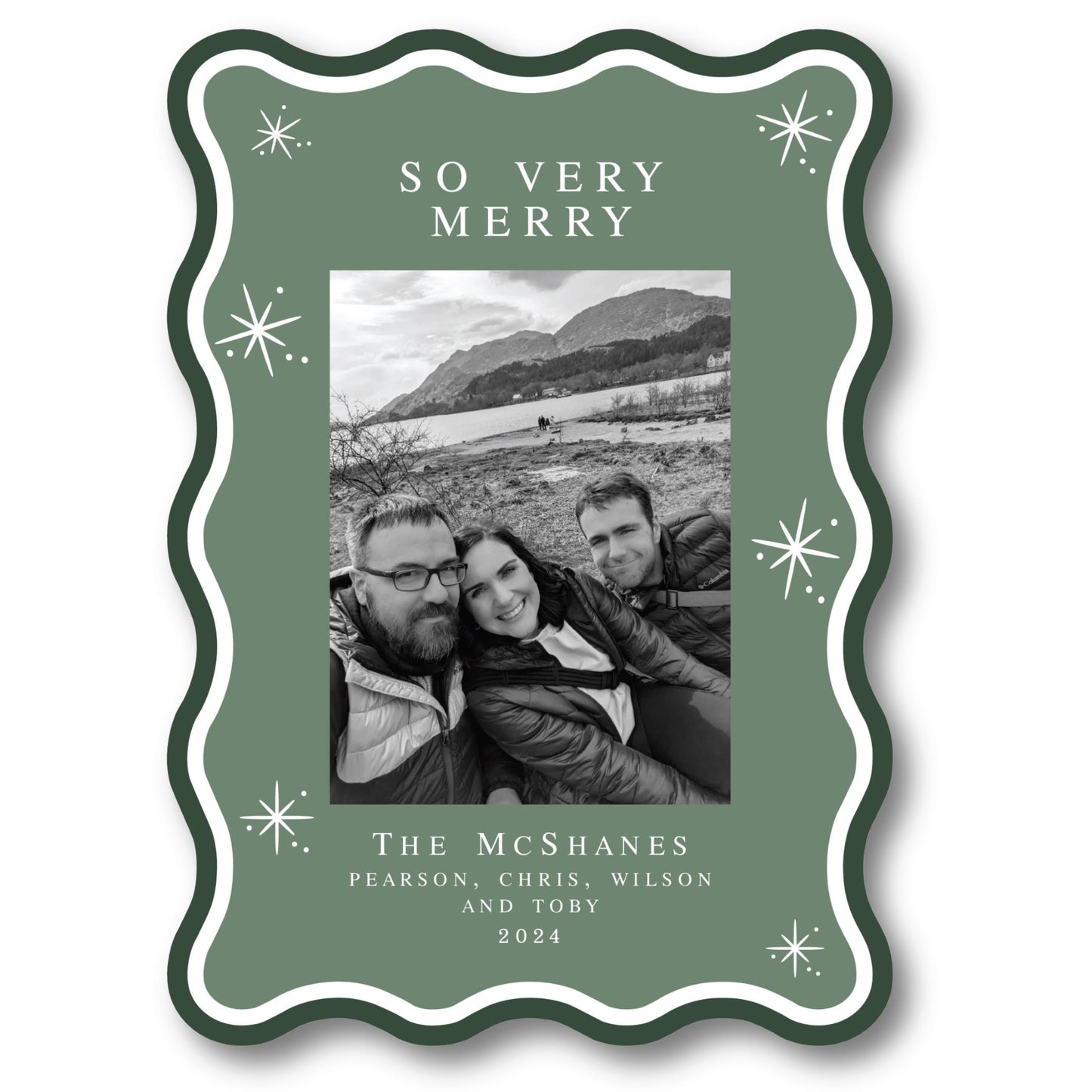 a christmas card with a picture of two people